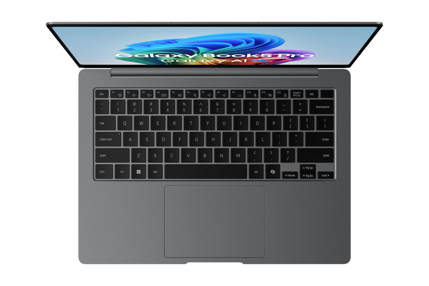 A laptop with a gray body, open with a colorful screen on a white background.