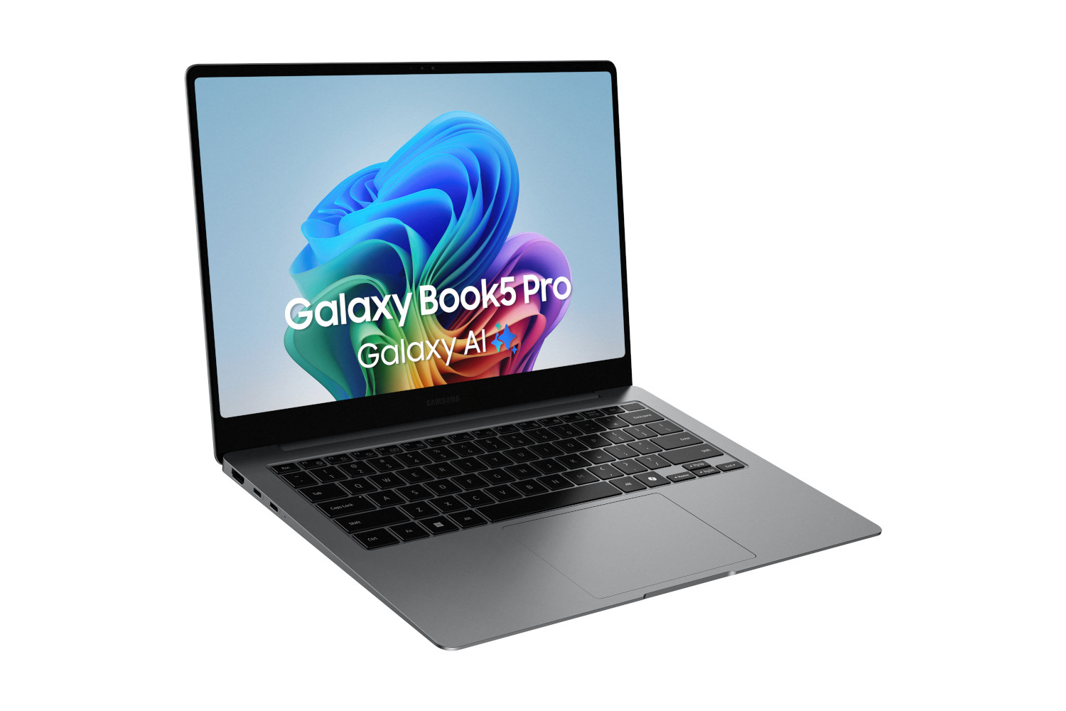 A silver laptop with a screen displaying colorful swirls and text that reads 'Galaxy Book5 Pro'.