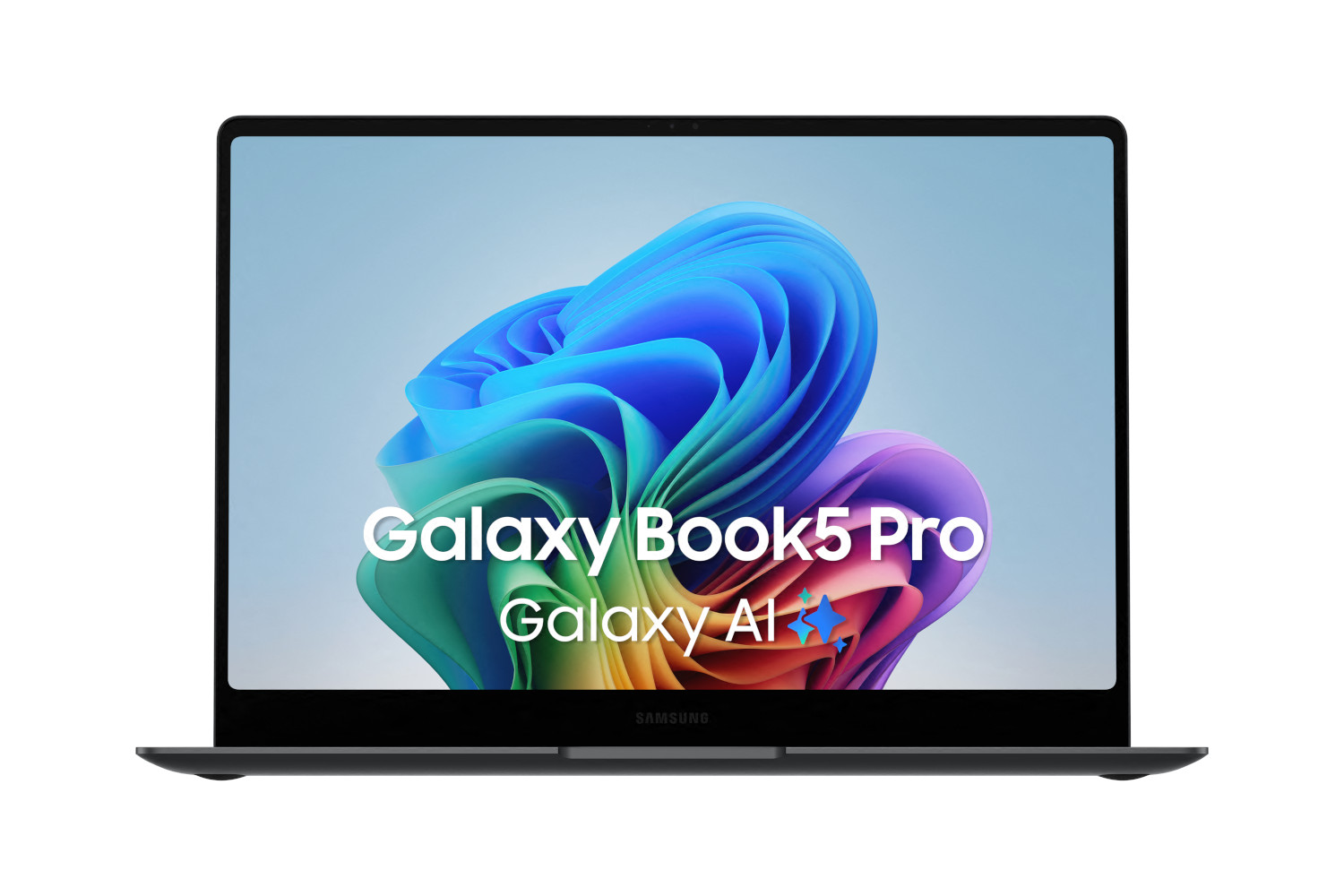 A laptop with a blue and white screen displaying the Galaxy Book5 Pro logo.