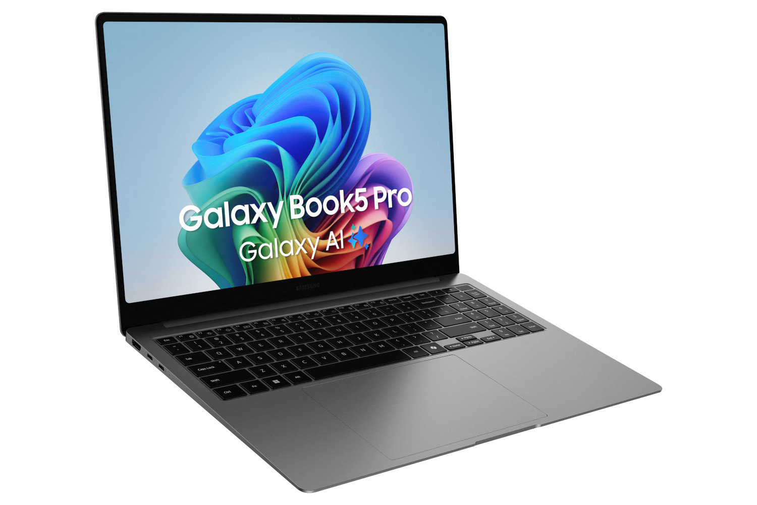 Silver laptop, open, showing a colorful abstract background, Galaxy Book5 Pro.