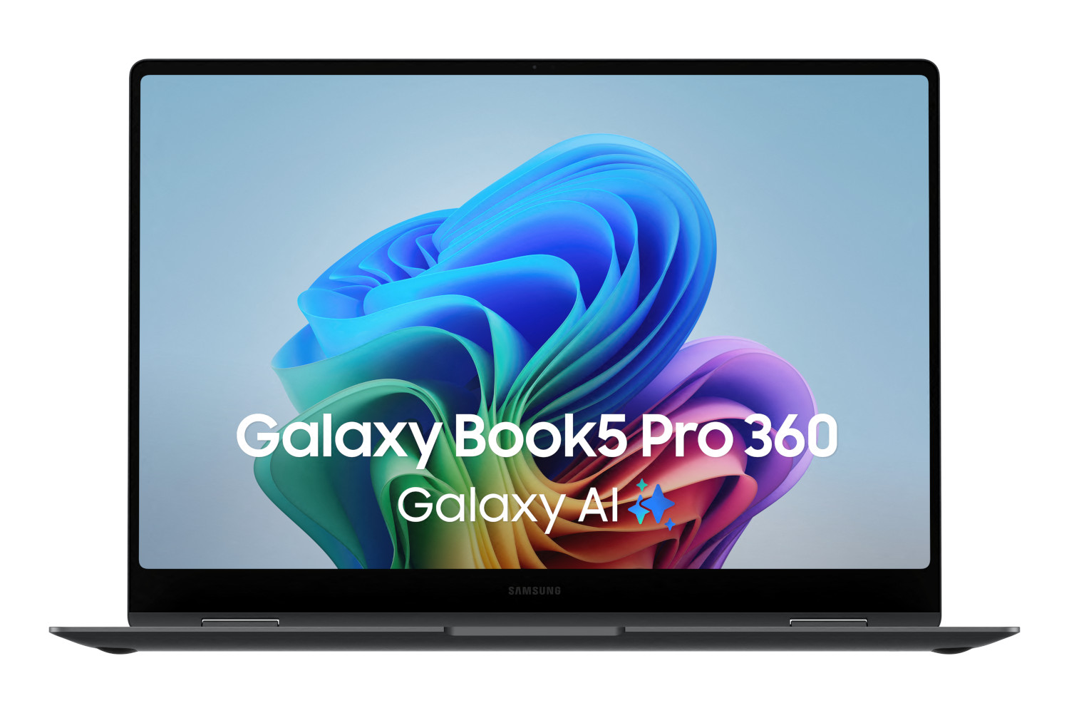 Un écran d'ordinateur portable affichant un arrière-plan abstrait coloré avec le texte 'Galaxy Book5 Pro 360'.