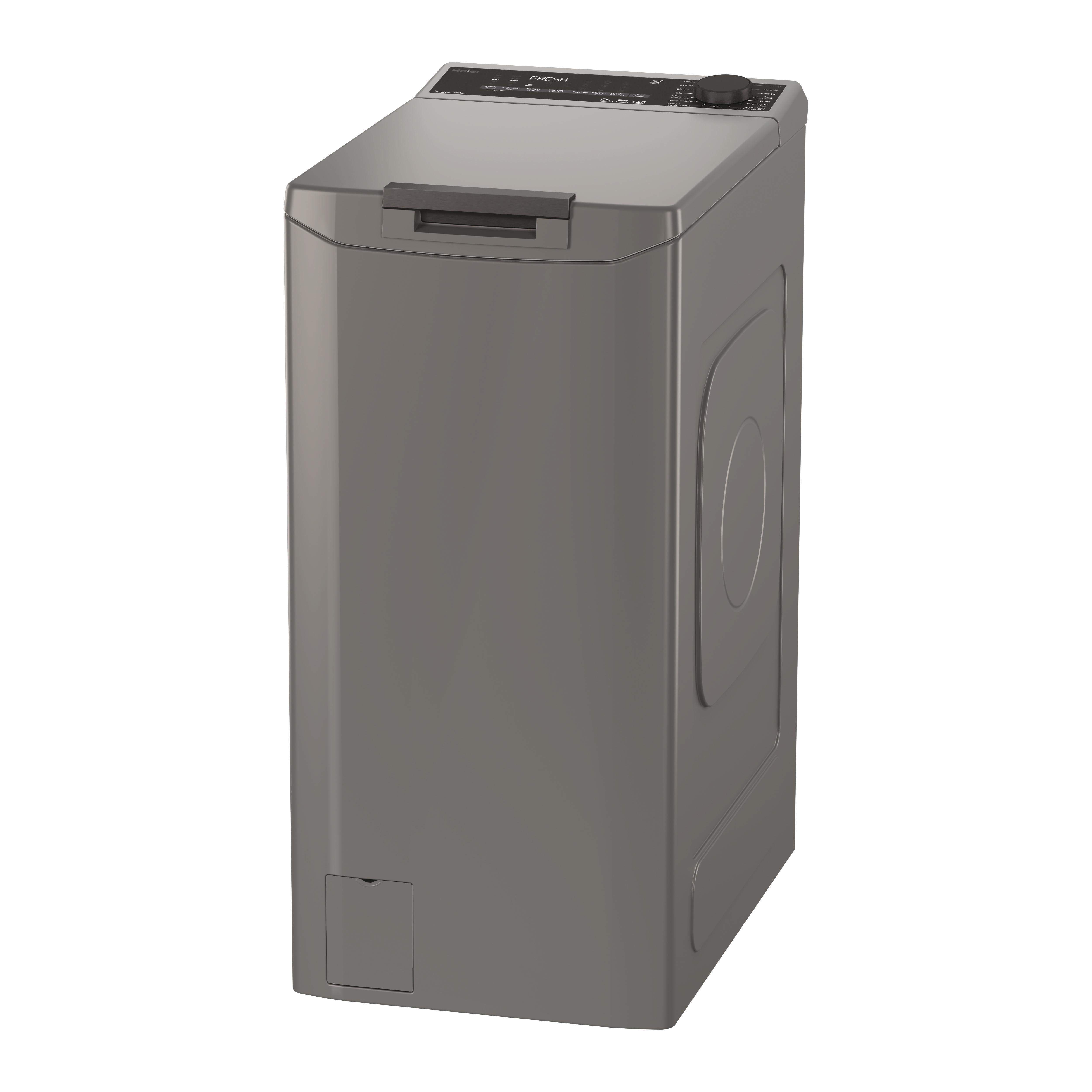 Graue Waschmaschine, schräge Ansicht, zeigt Oberseite, Seite mit Kreisdesign und Tür.