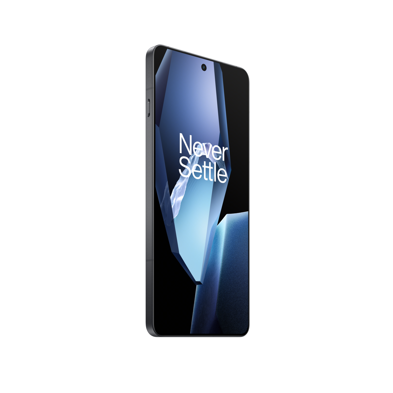 Un smartphone noir est affiché, avec un écran affichant les mots 'Never Settle' sur fond bleu.