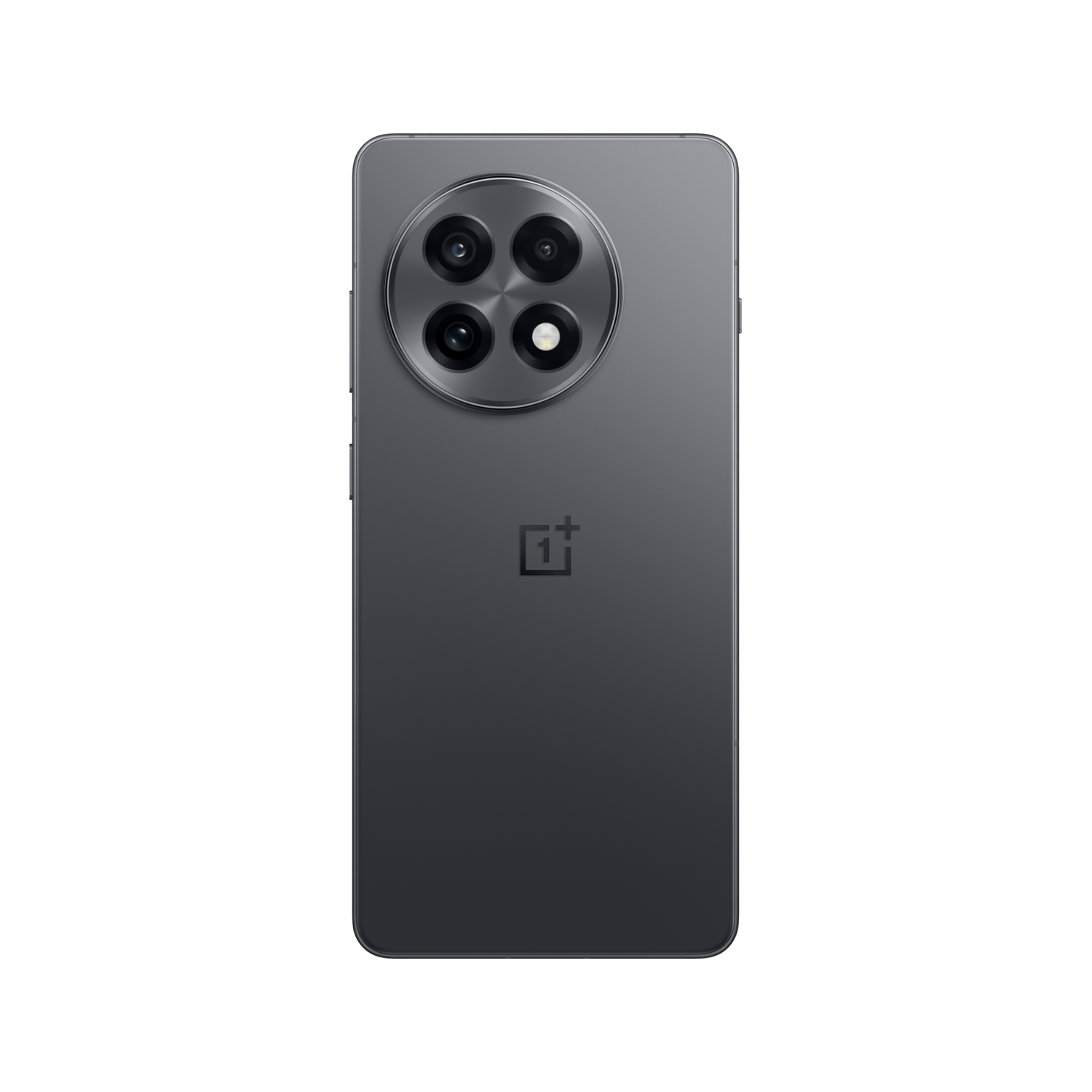 Dos de smartphone gris foncé, plusieurs caméras, flash et logo de la marque sur fond noir.