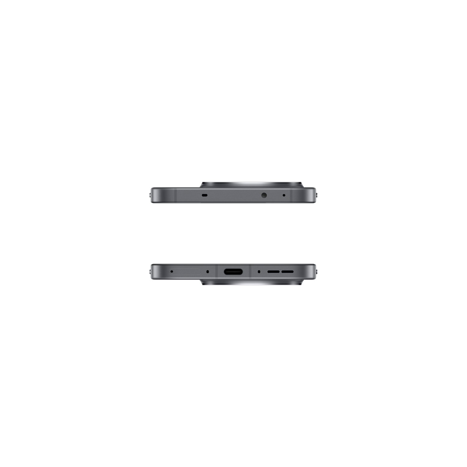 Deux smartphones gris sur fond noir. Vues latérales, l'un au-dessus de l'autre.