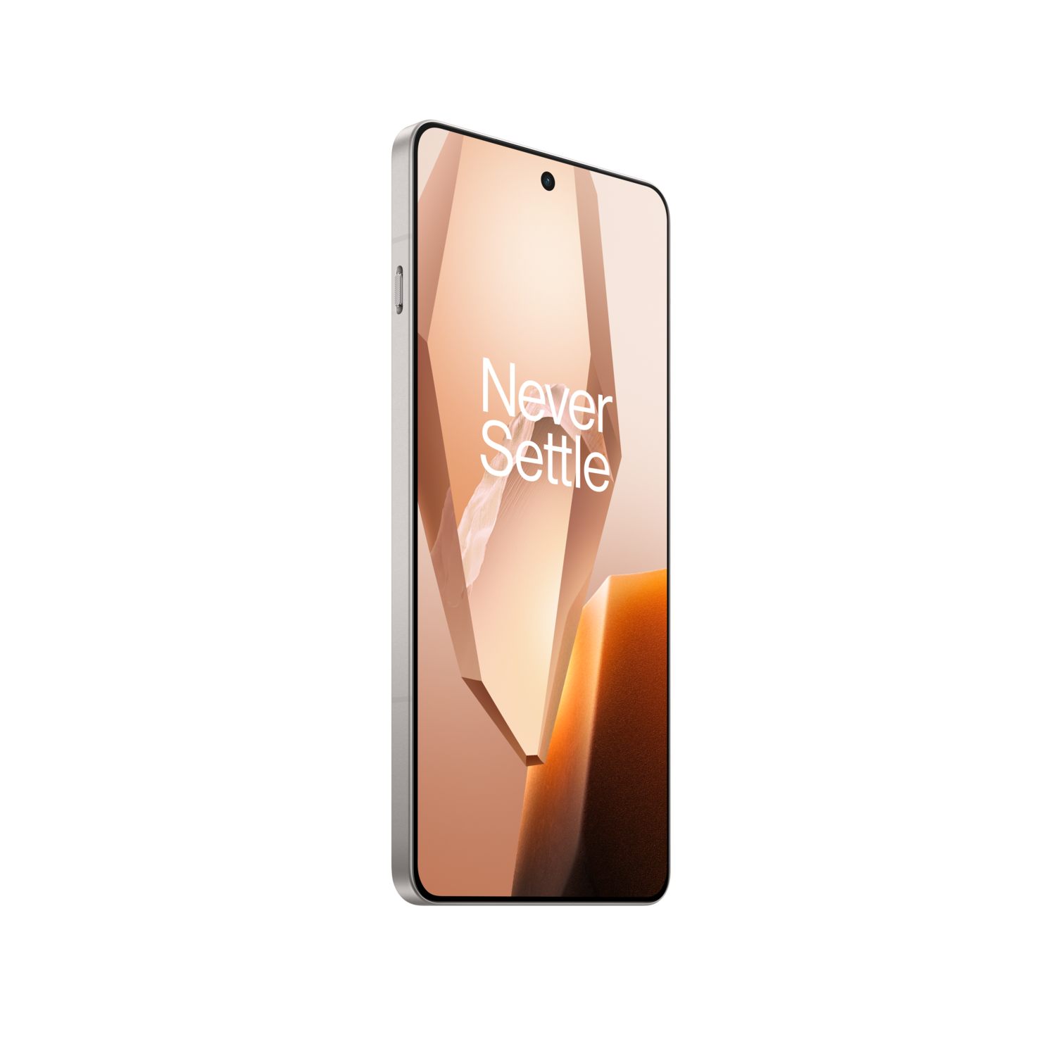 Een mobiele telefoon met de woorden 'Never Settle' wordt getoond.