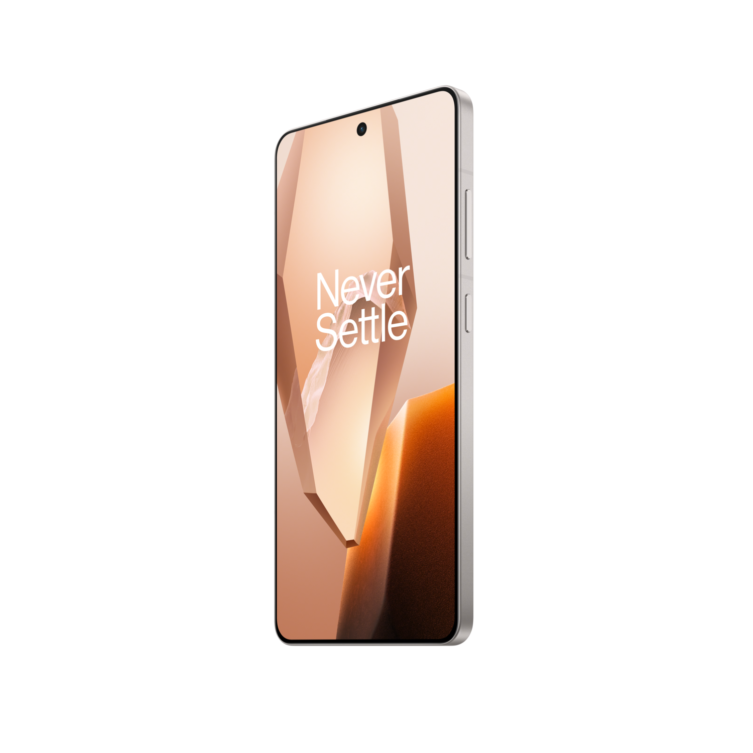 Zilveren smartphone met een display dat een geometrisch patroon en de tekst 'Never Settle' toont.