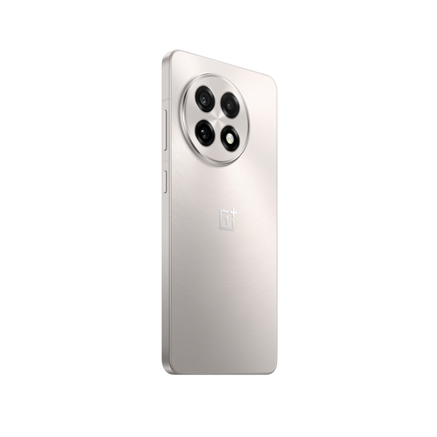 Zilveren OnePlus-telefoon met vier camera's aan de achterkant, zwarte achtergrond.