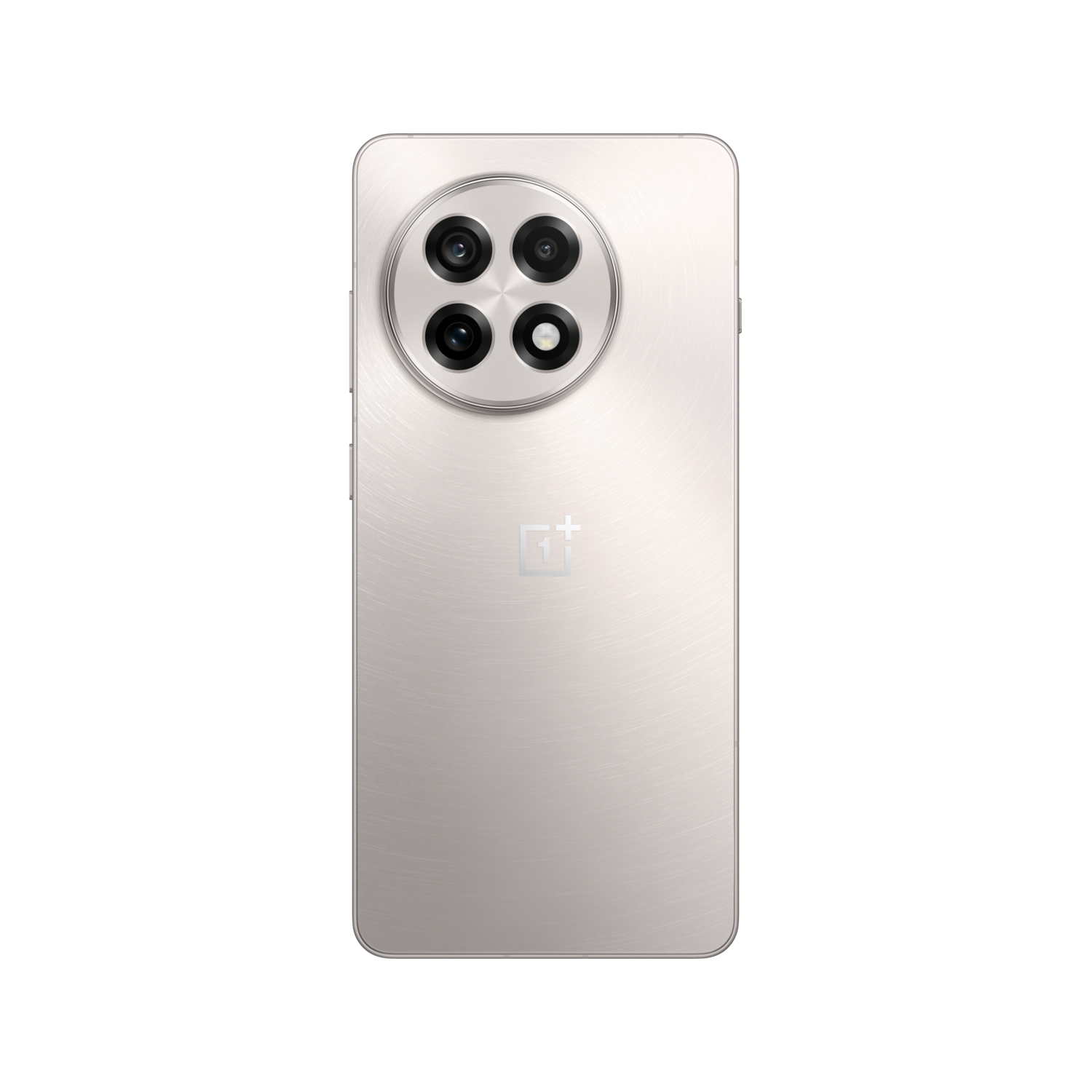 De achterkant van een smartphone met zilveren afwerking, met een camera-opstelling.