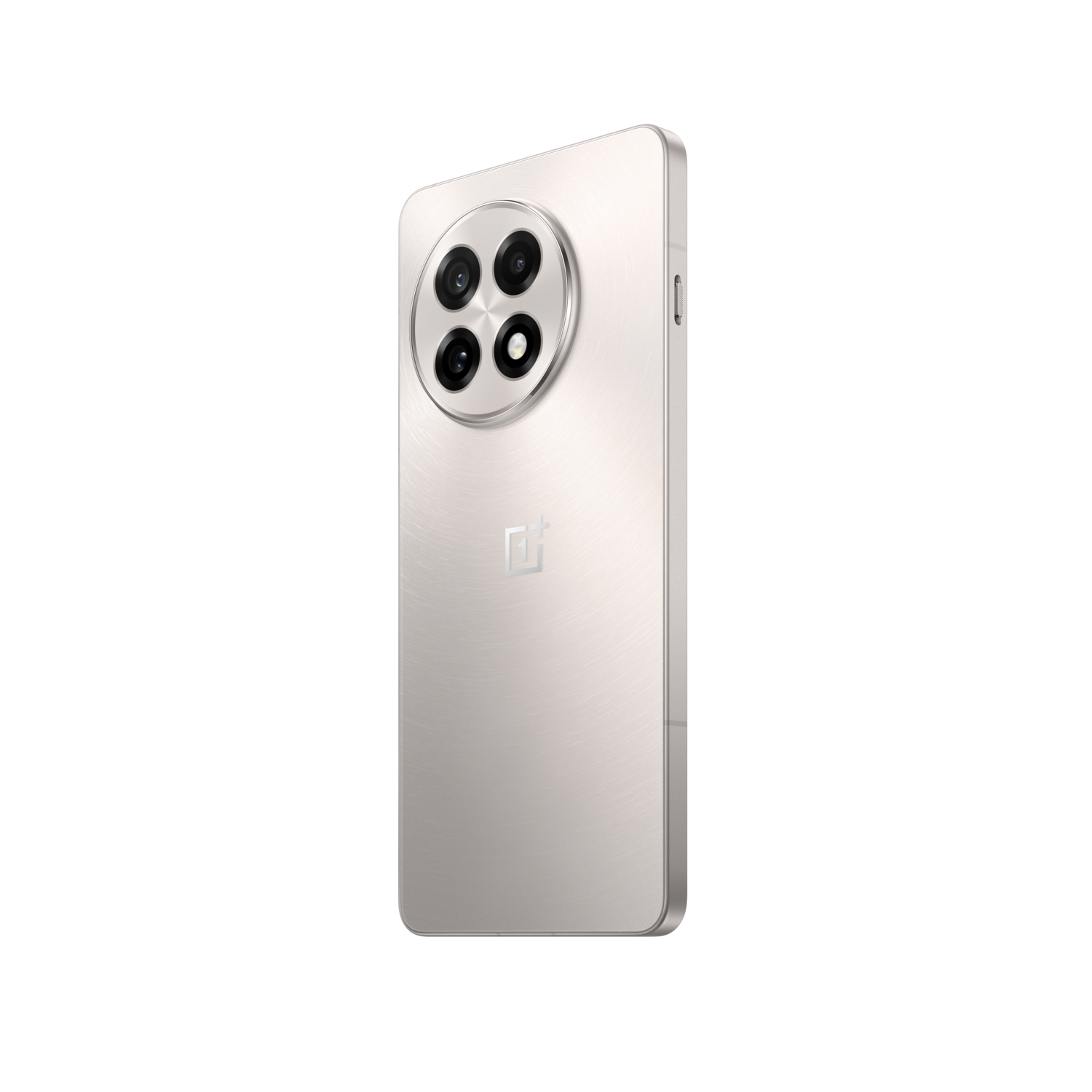 Een smartphone met zilveren achterkant, vier camera's en zwarte achtergrond.
