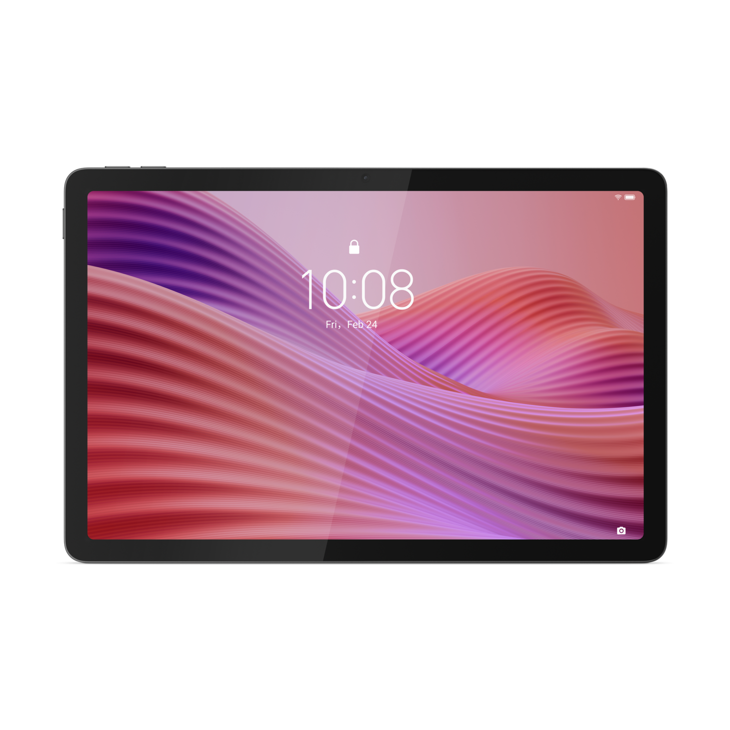 Tablette noire avec fond en forme de vagues colorées et l'heure affichée.