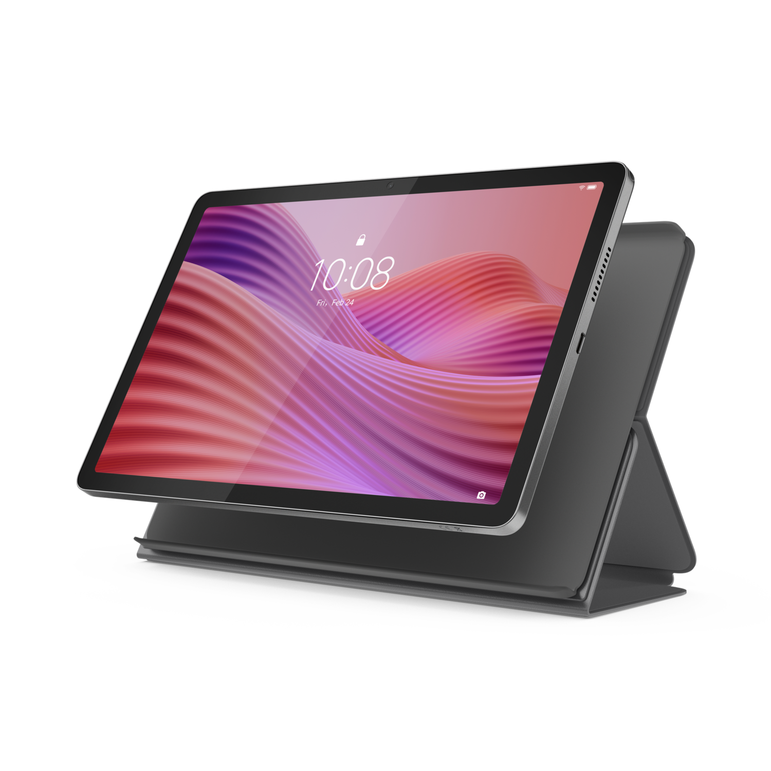 Tablette avec un écran affichant une image colorée, sur un support.
