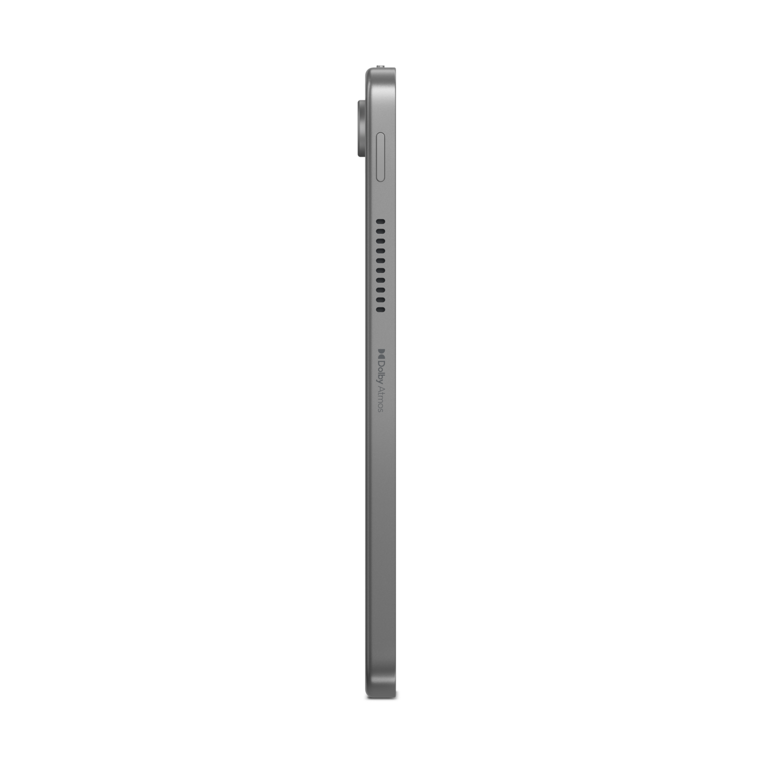 Vue latérale d'une tablette argentée sur fond noir.