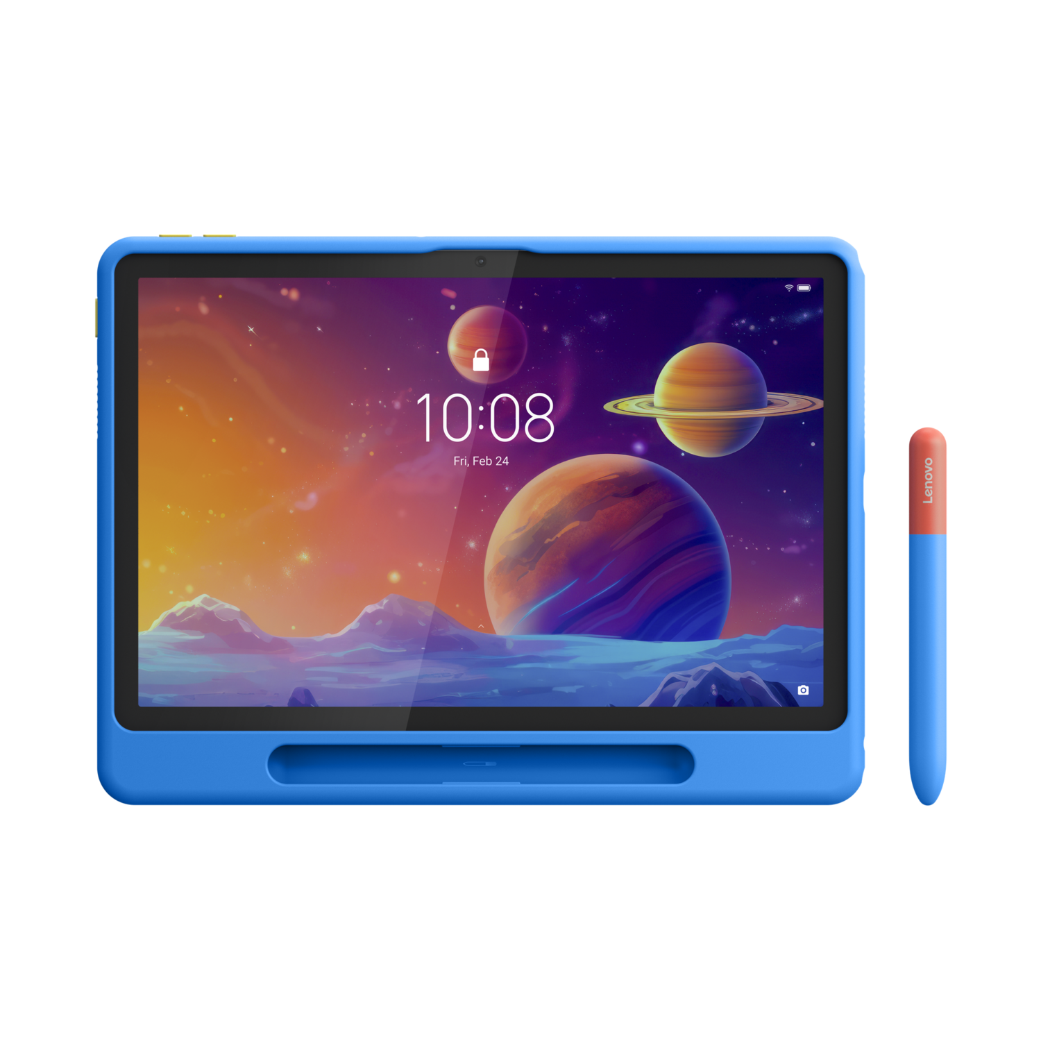 Blue tablet with planets on screen, blue case, and orange Lenovo pen. Black background.