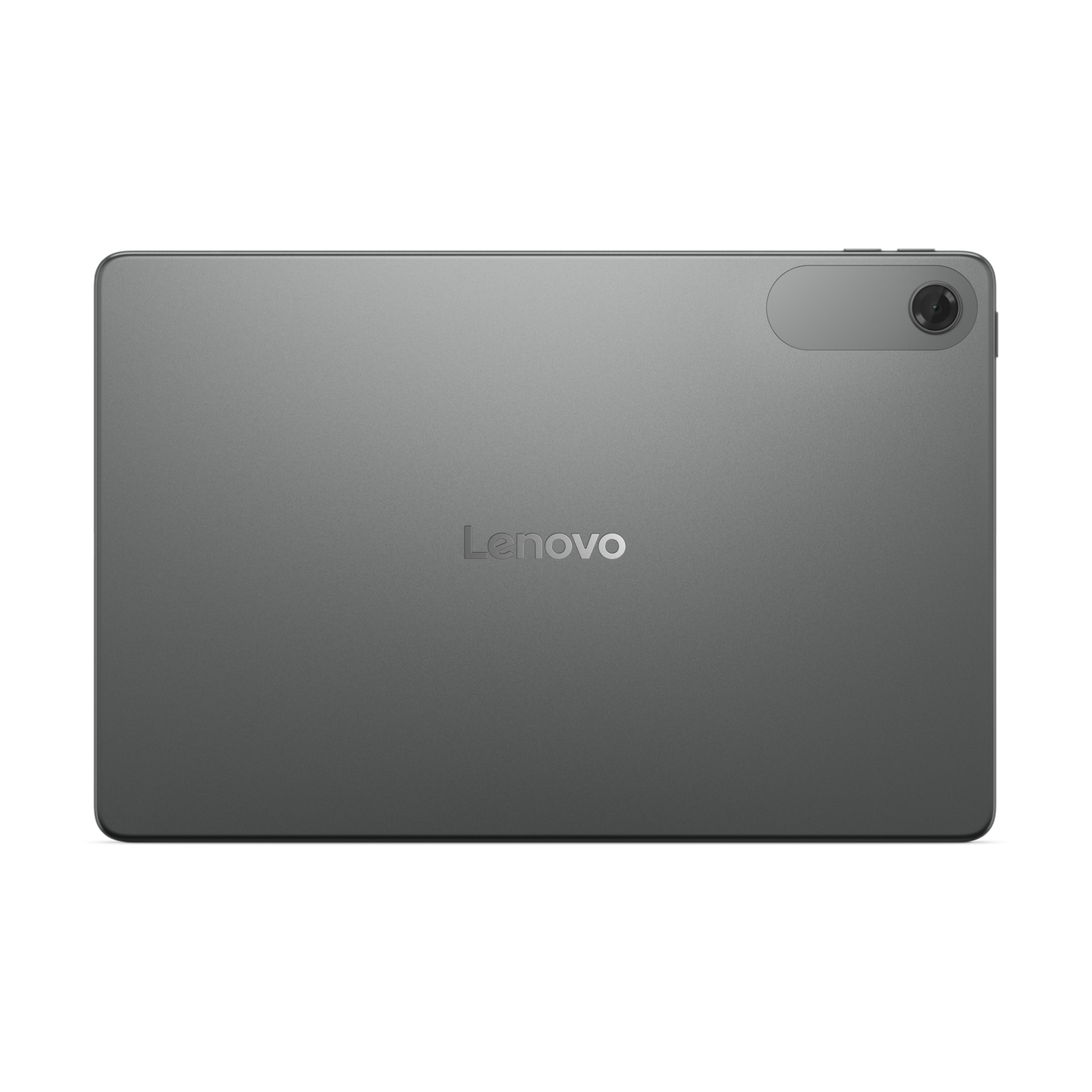 Gray tablet, rear view. Lenovo logo and camera are visible.