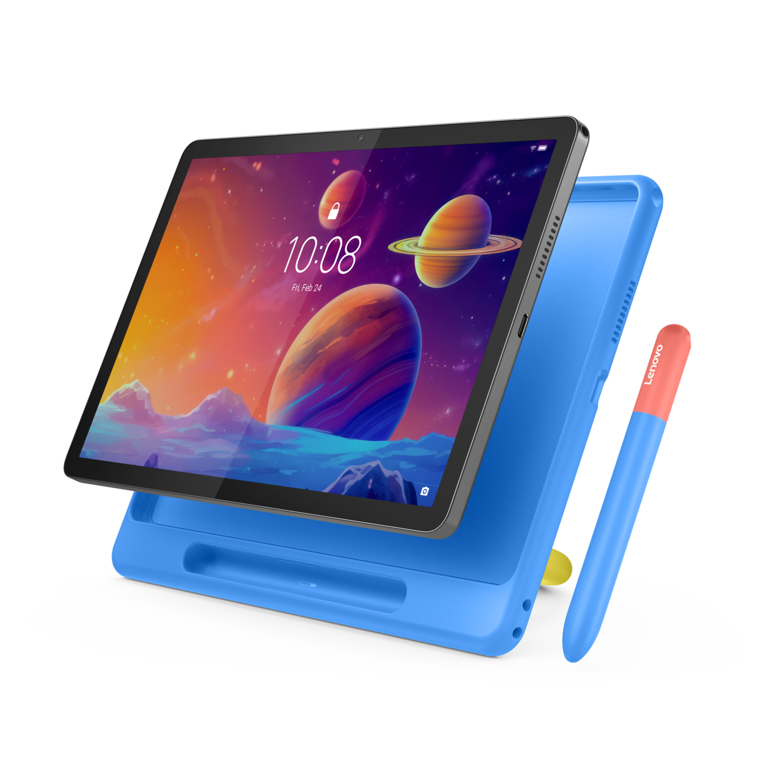 Blue tablet with planets on screen, blue case, and orange Lenovo pen. Black background.