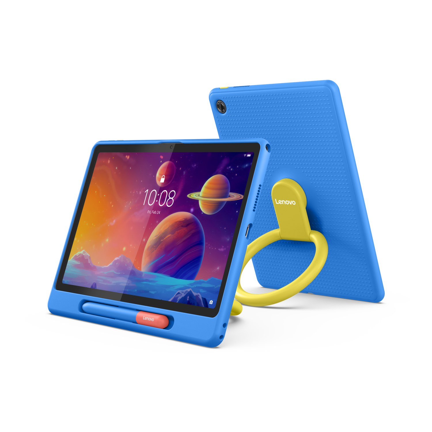 Blue tablet with planets on screen, blue case, yellow handle, and orange Lenovo pen. Black.