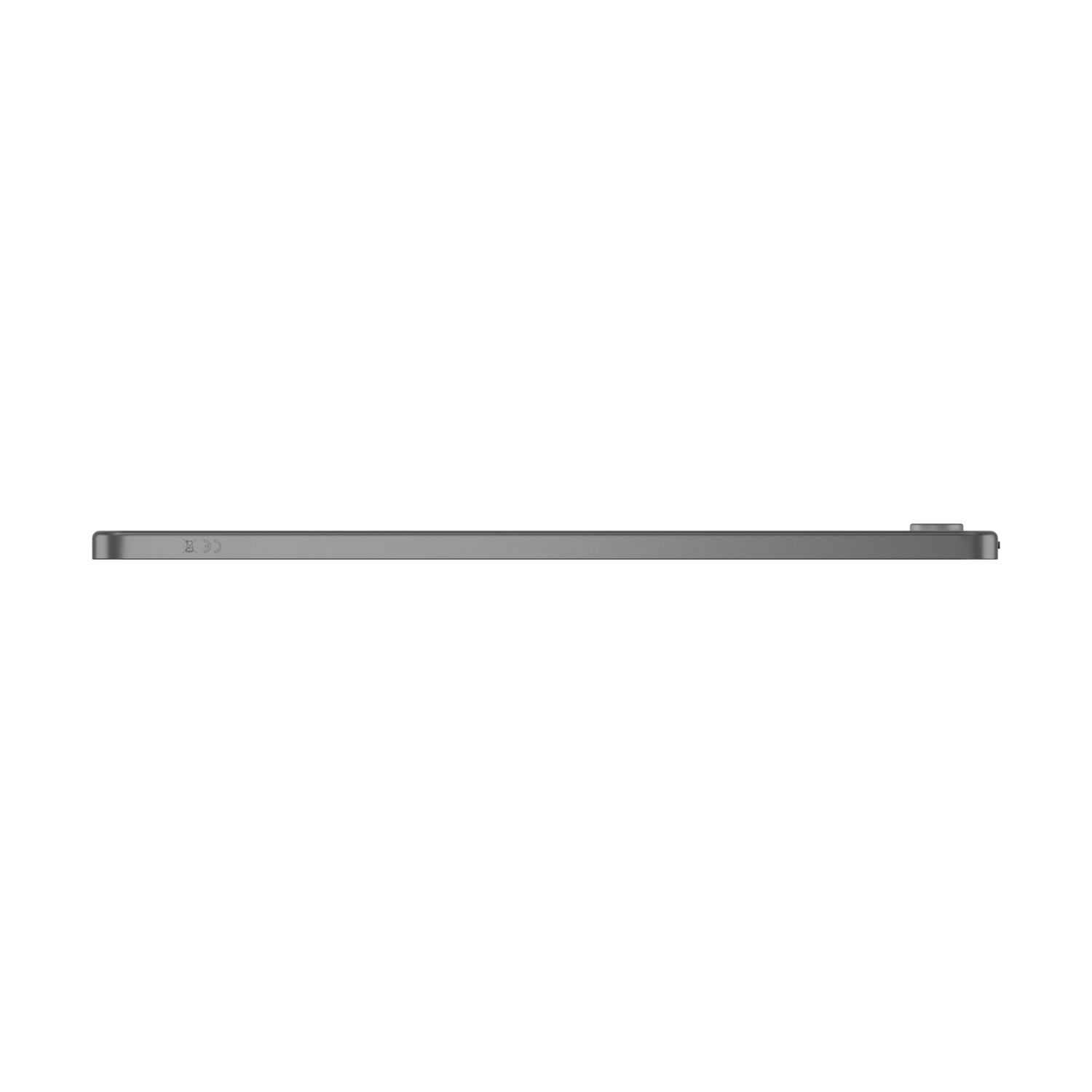 A side view of a grey tablet with a sleek, minimalist design, black background.