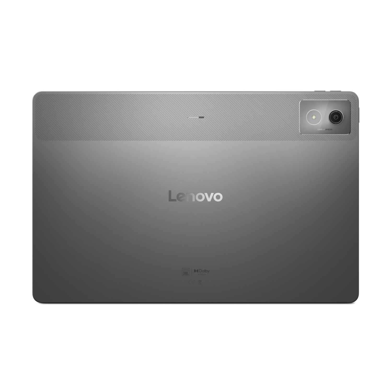 Gray Lenovo tablet back on black background. Lenovo logo, camera, and Dolby logo are visible.