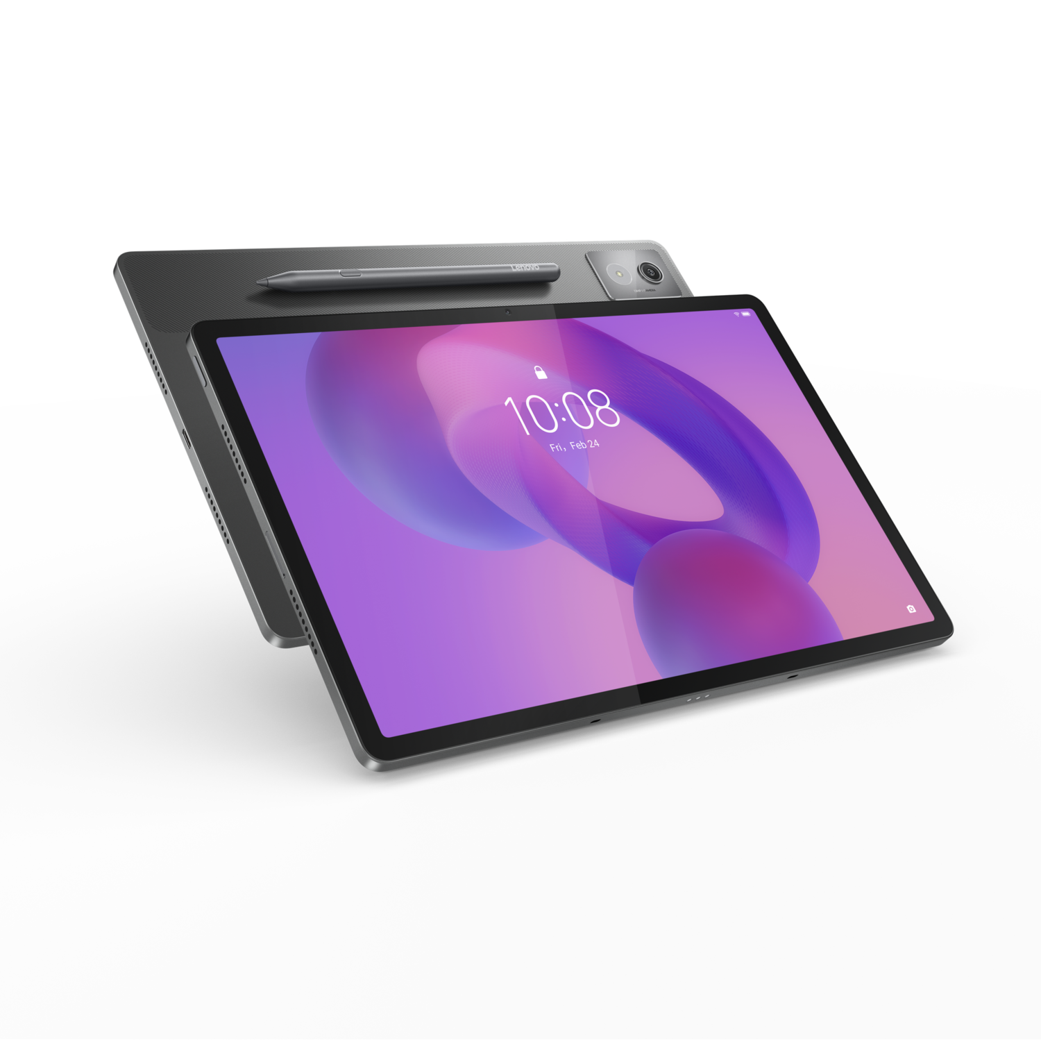 Tablet with stylus, screen shows time, purple waves, black backdrop.