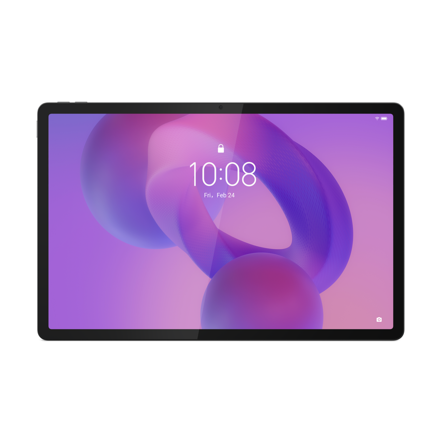 Black tablet showing a digital display with the time and date, on a purple and white background.
