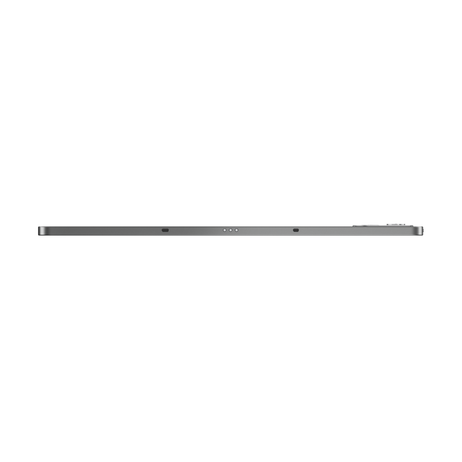 A side view of a silver tablet against a black background. The tablet is slim and sleek.