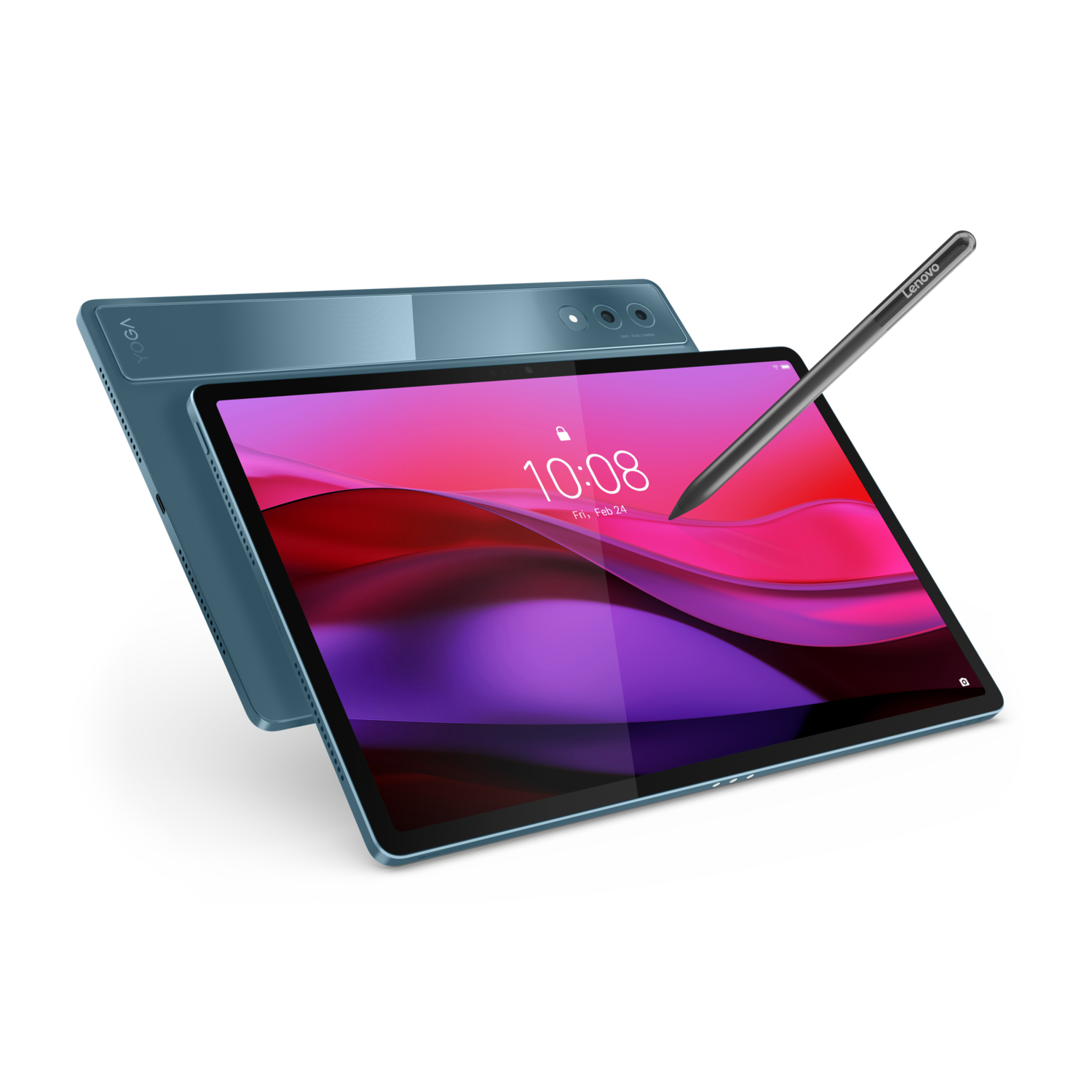 A blue tablet with a pink screen and a black Lenovo stylus.