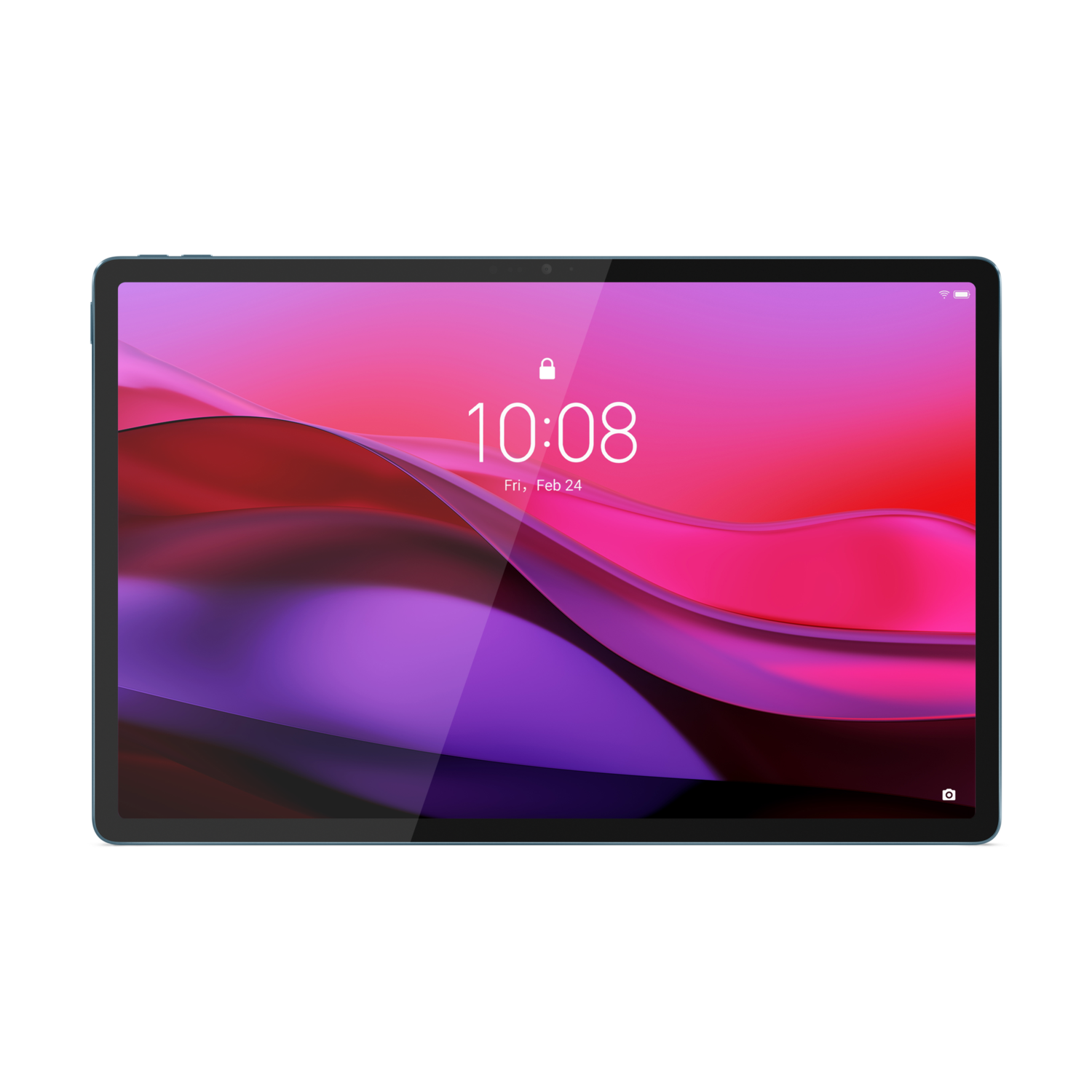 Tablet screen displays time, purple and red abstract background.