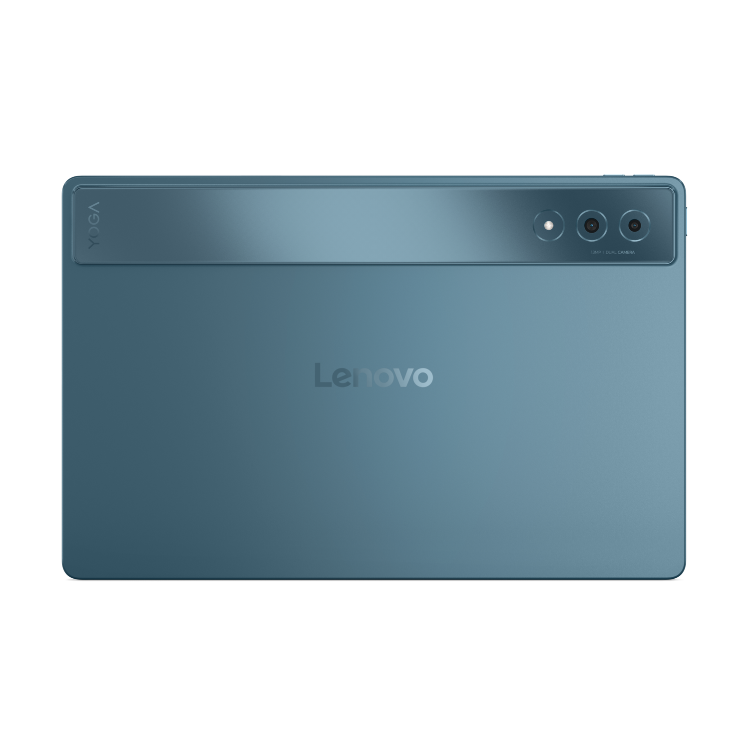 Blue tablet back, Lenovo and Yoga logos, camera and flash, black background.