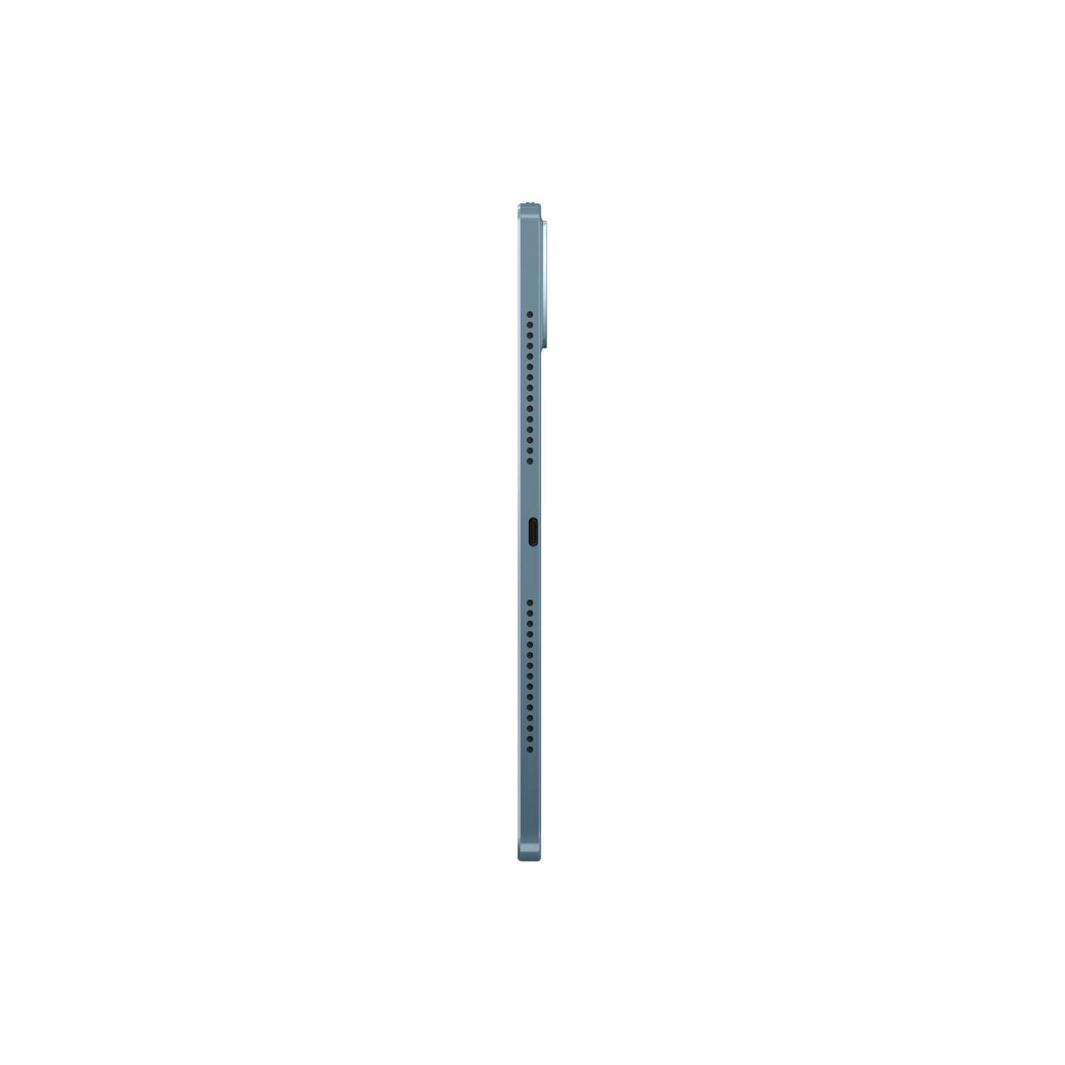 Side view of a blue tablet on a black background.