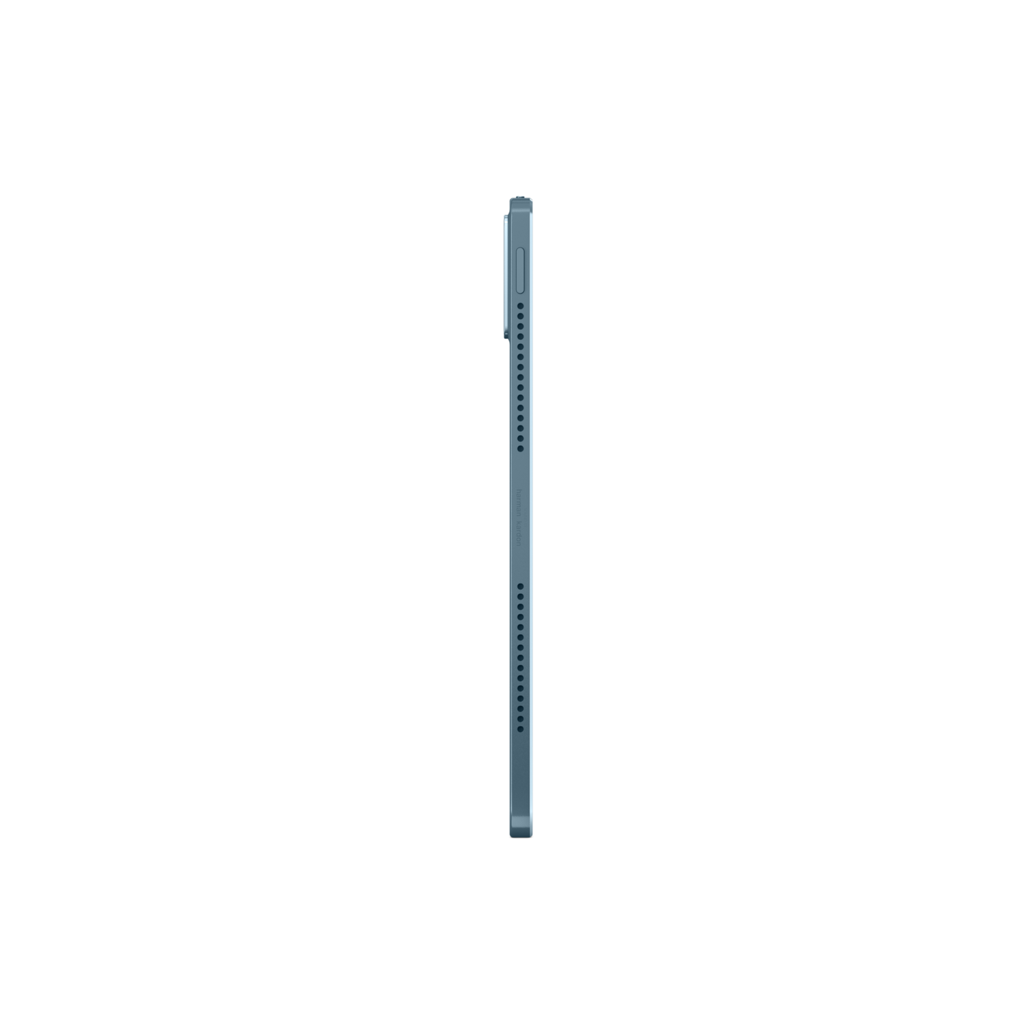 A side view of a blue tablet, showing the side with buttons and the edge, set against a black backdrop.