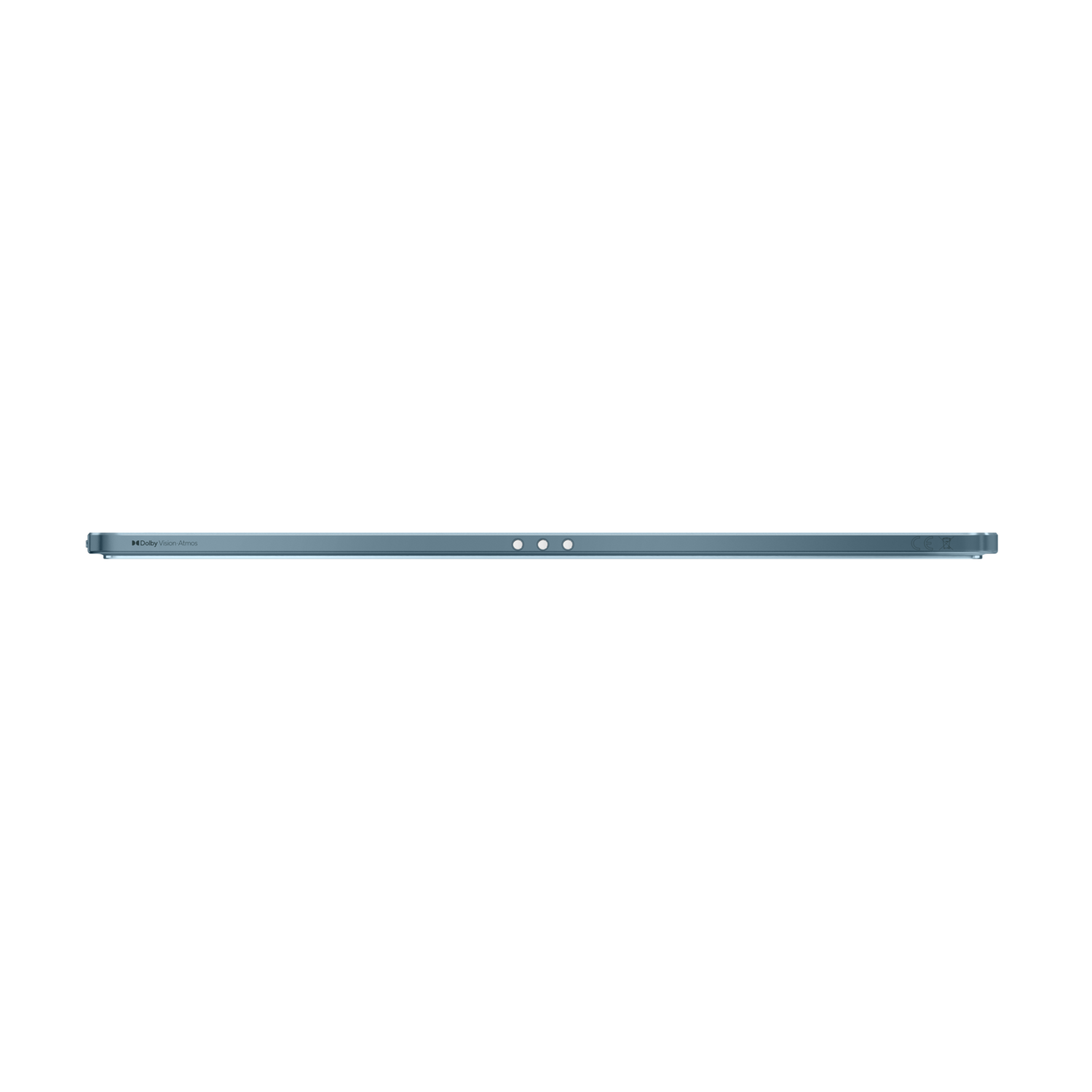 Tablet's top edge, teal, against a black background.