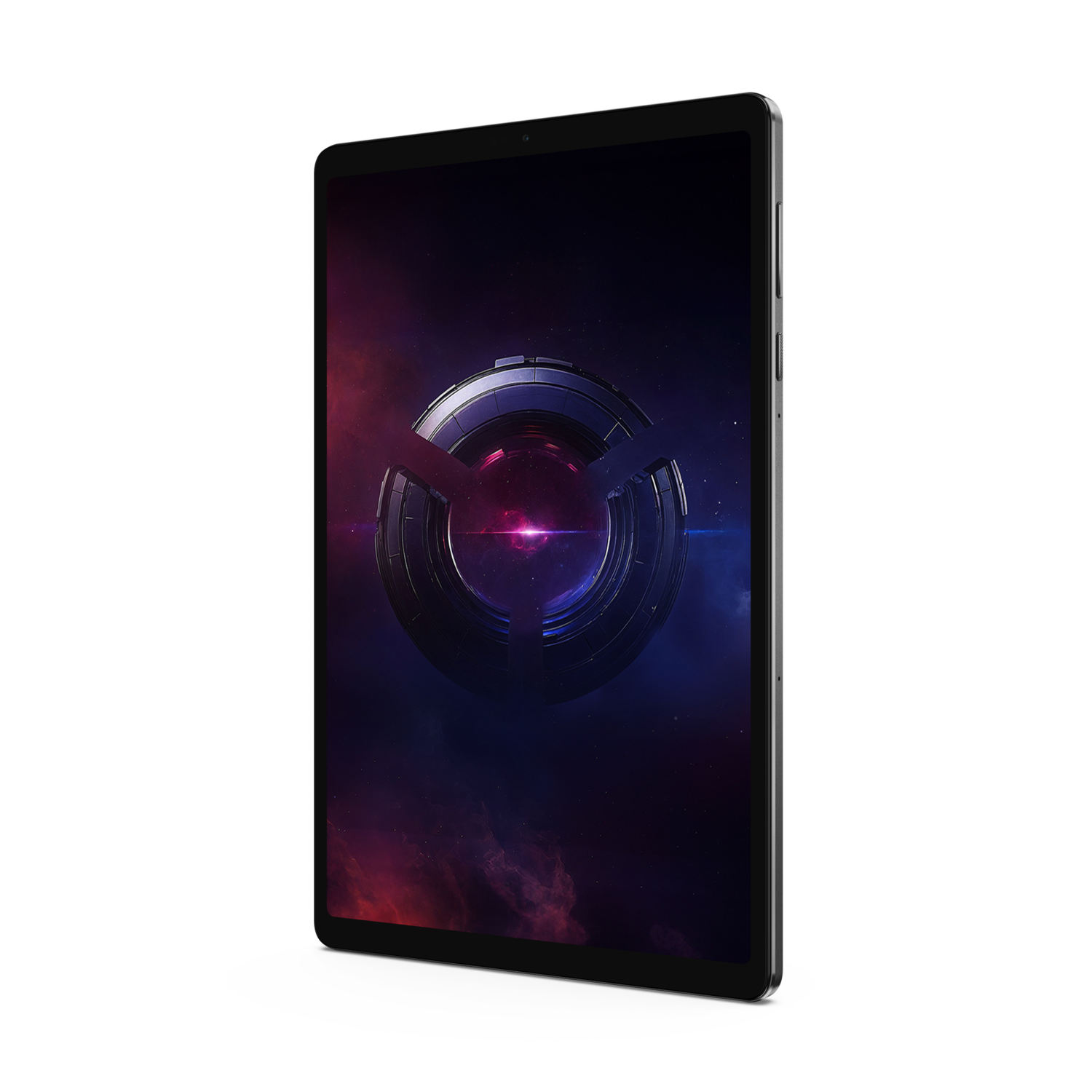 Tablet op zwart, scherm toont een futuristisch ontwerp.
