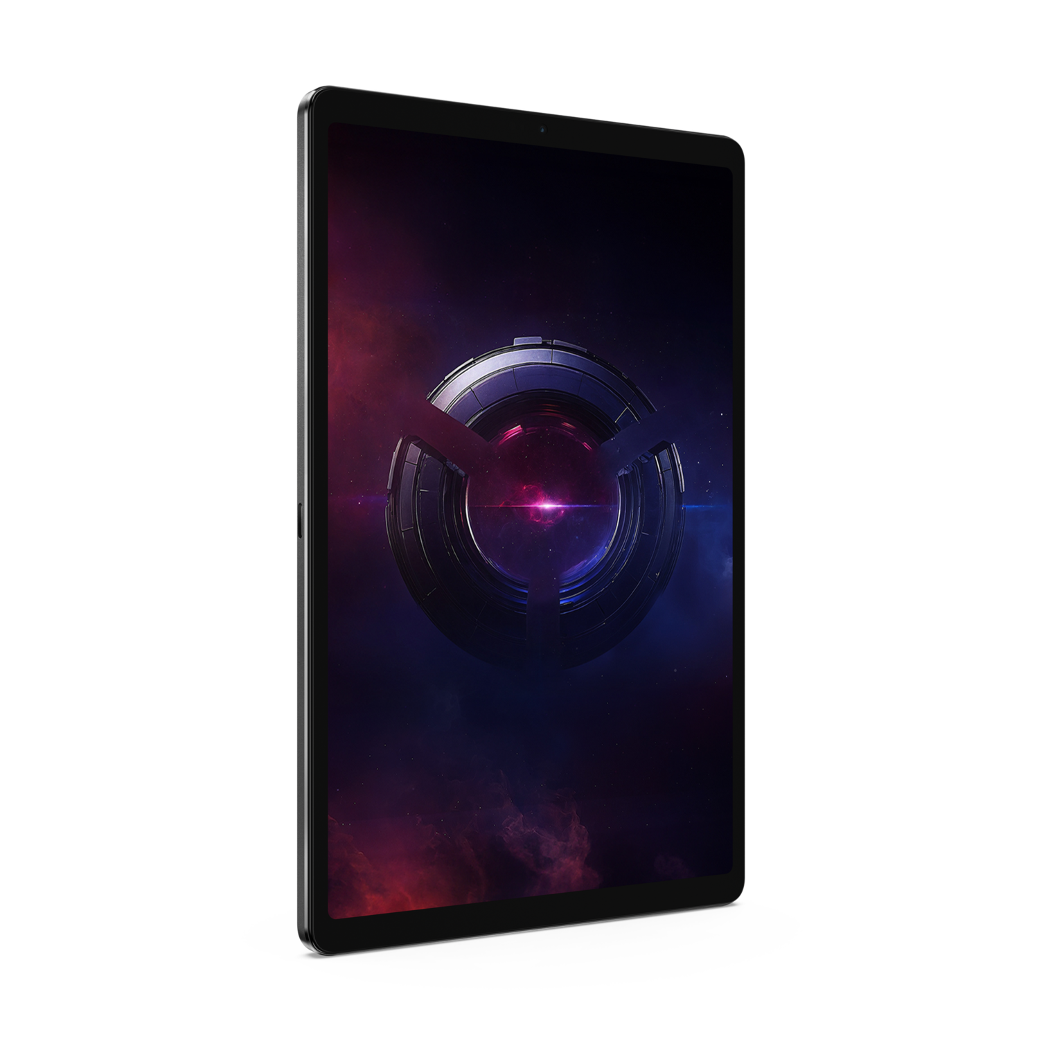 Tablet op zwart, scherm toont een futuristisch ontwerp.