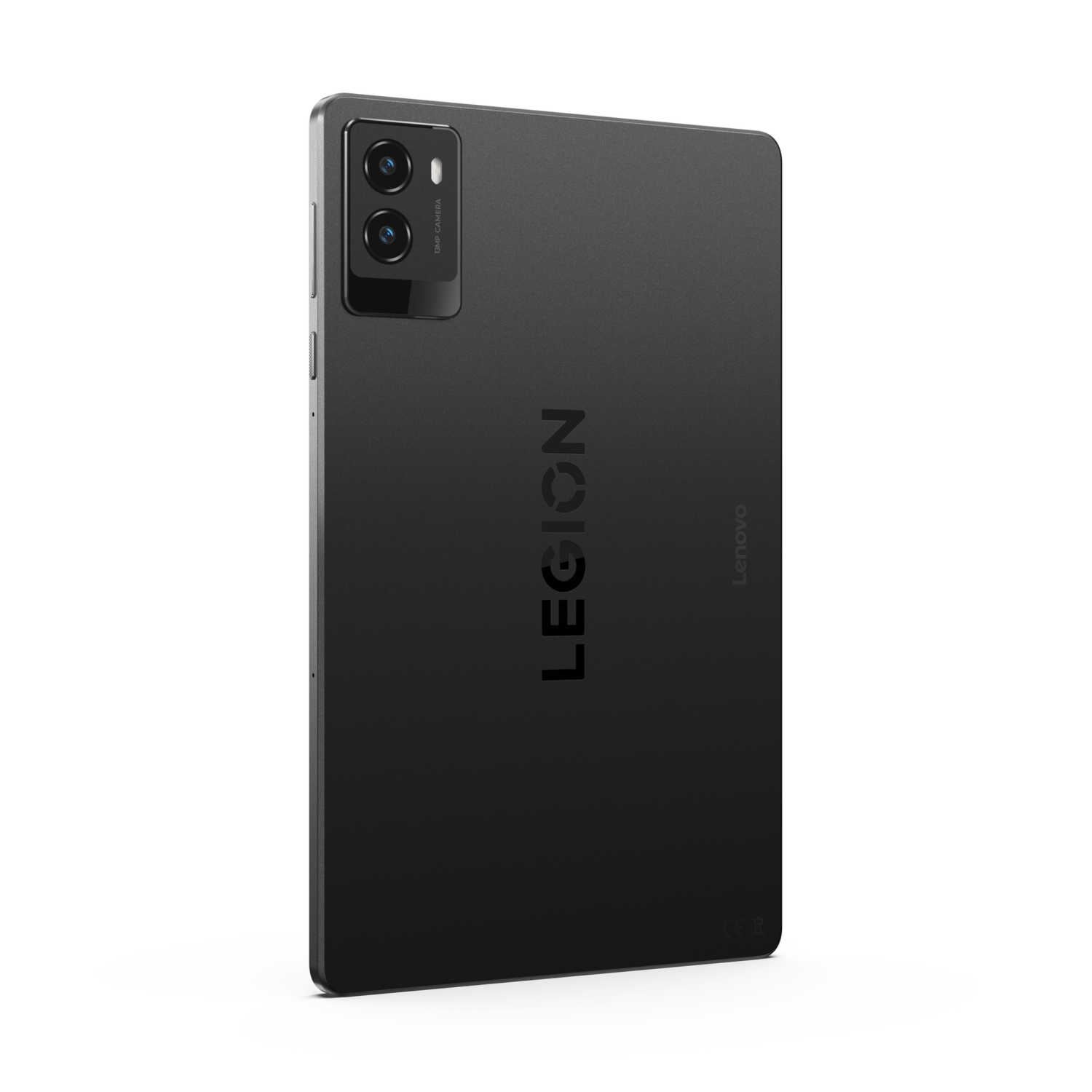 Zwarte tablet met Legion-logo, dubbele camera en Lenovo-merk op zwarte achtergrond.