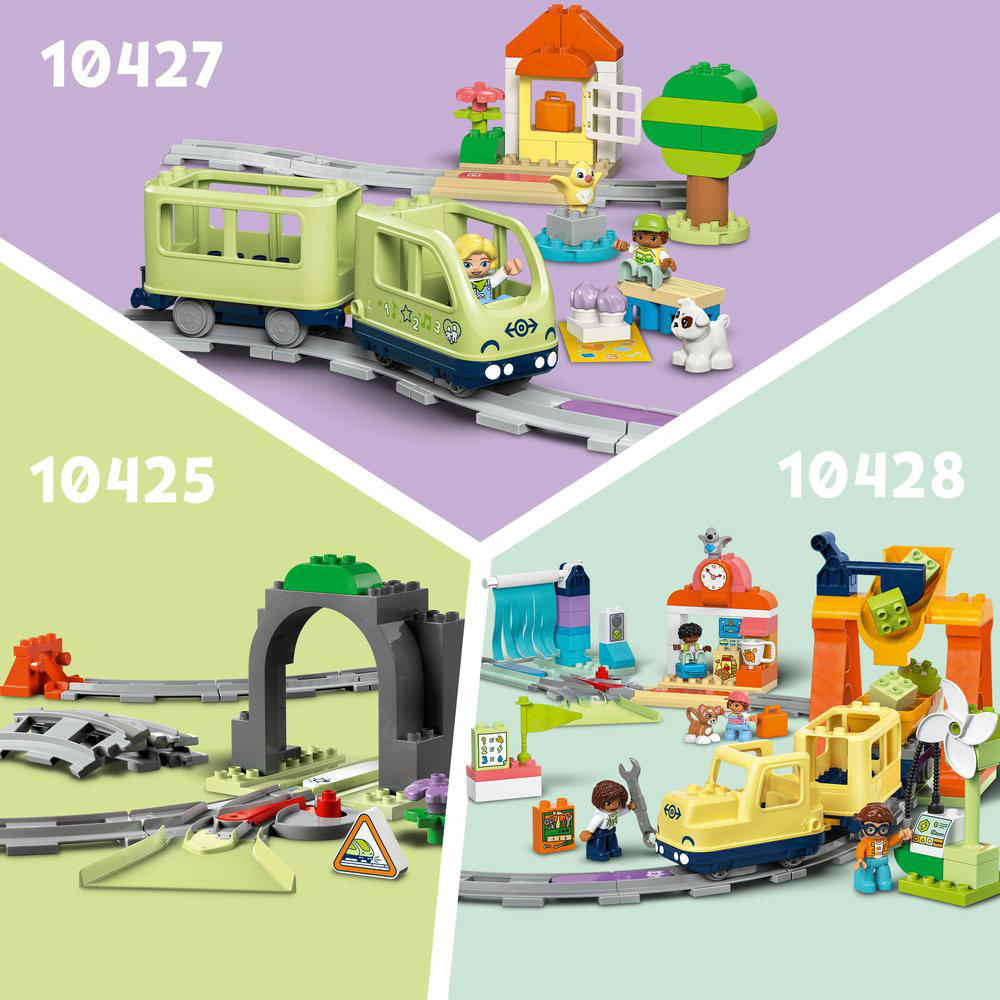 Drei LEGO Duplo Sets mit Zügen und Figuren. Jedes Set zeigt eine andere Szene und Nummer.