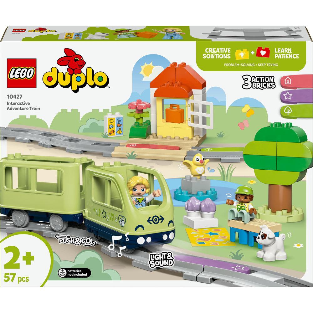 Lego Duplo Set mit Zug, Gleis, Figuren und Haus, auf weißem Hintergrund.