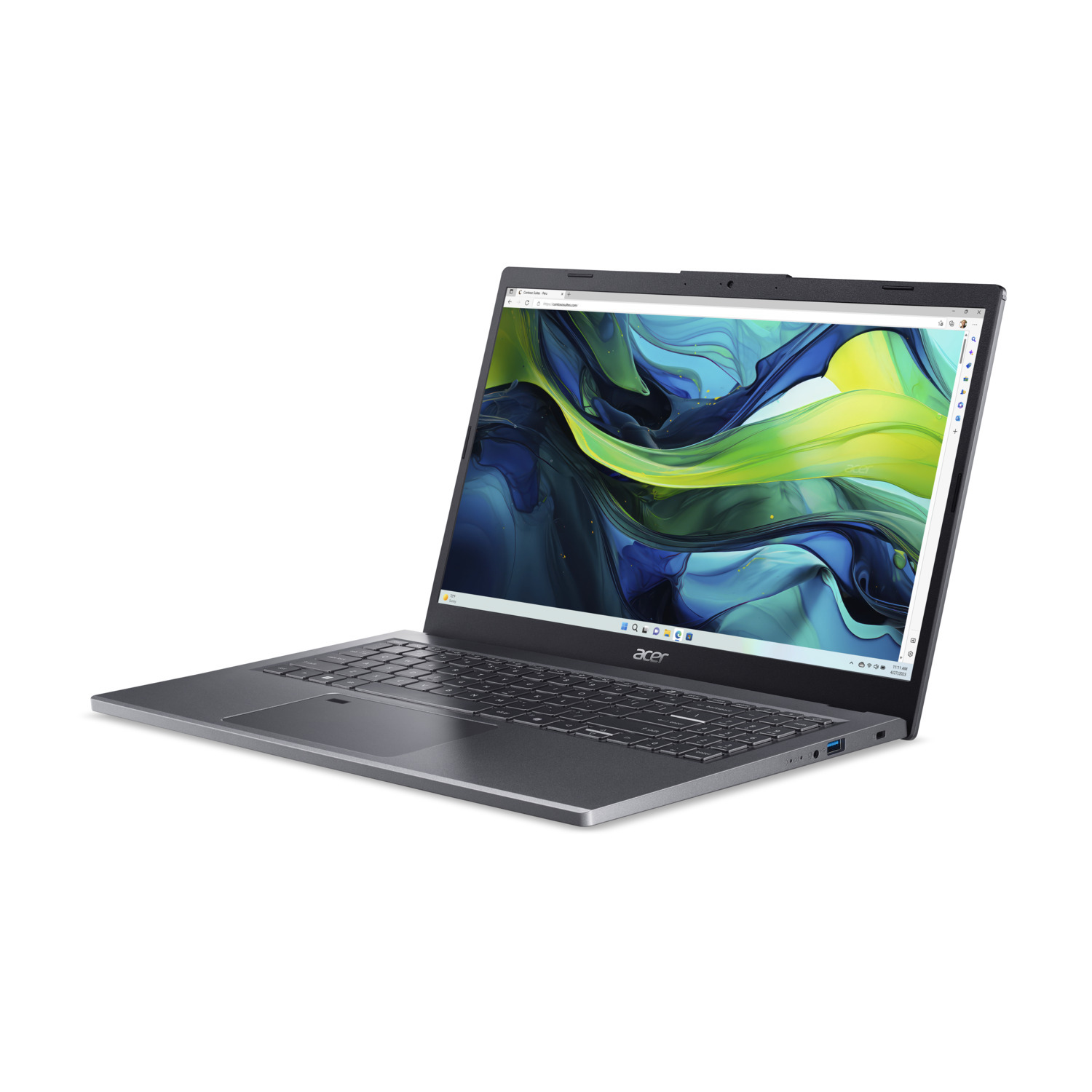 Laptop computer on a white background. The screen displays a website. It is silver in color.