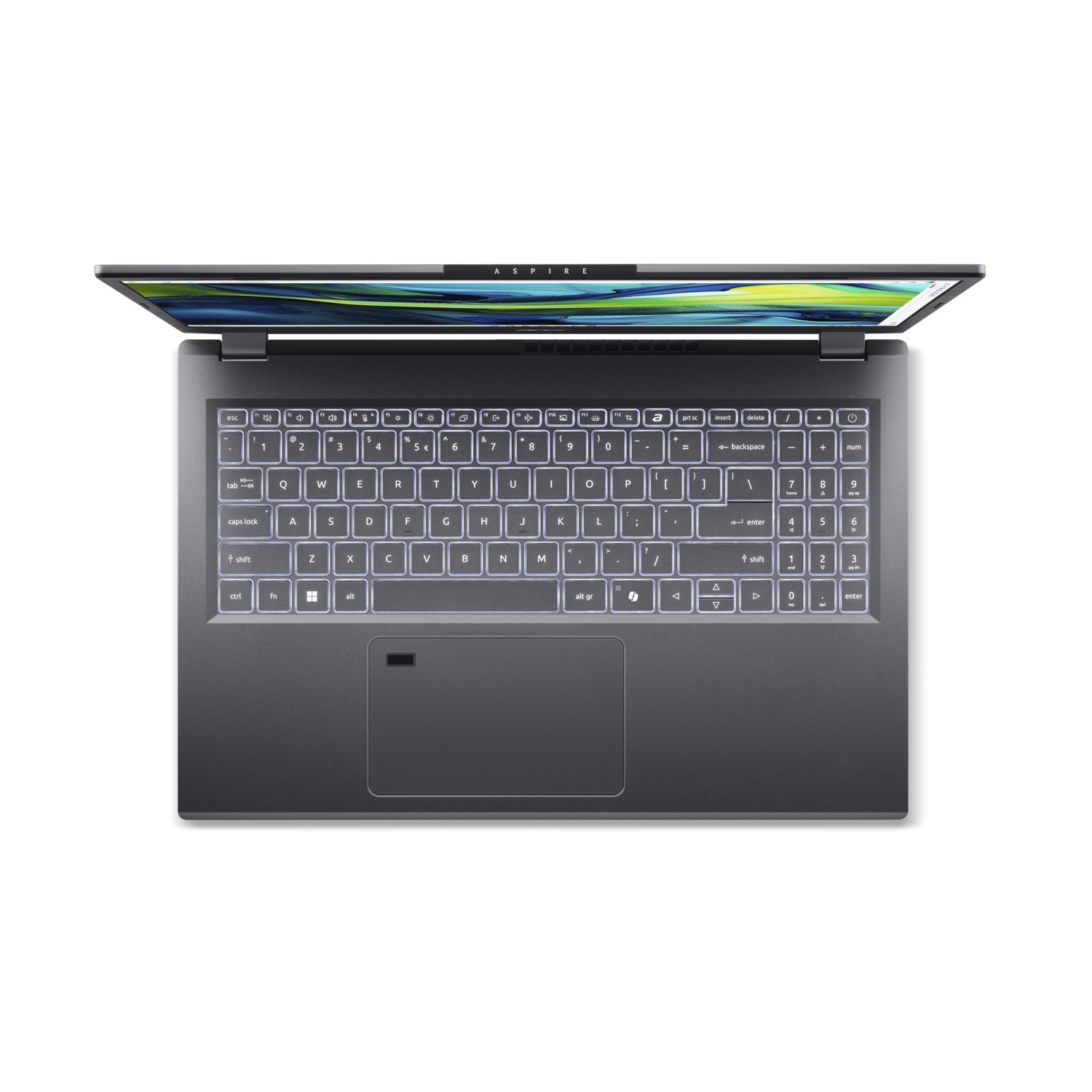 A top view of a gray laptop with a glowing keyboard.