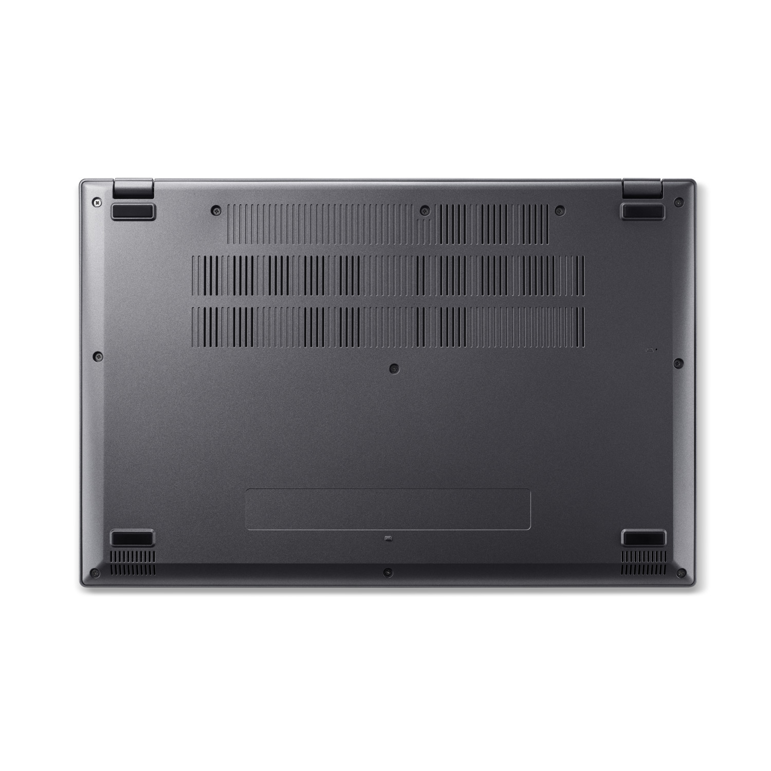 Laptop bottom, dark gray, with vents and screws.