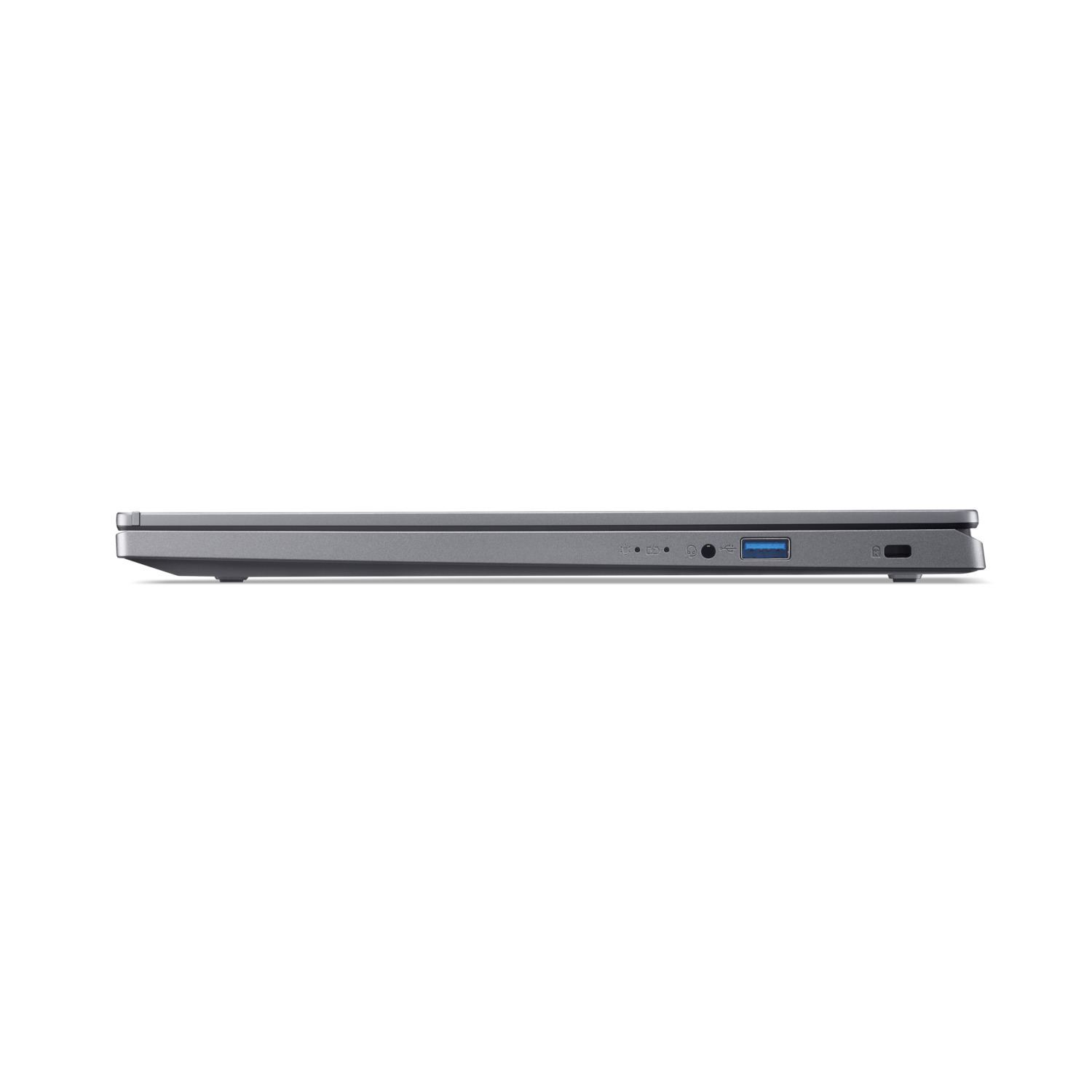 Laptop side view, closed. Dark gray color. Ports visible: audio, USB. White background.