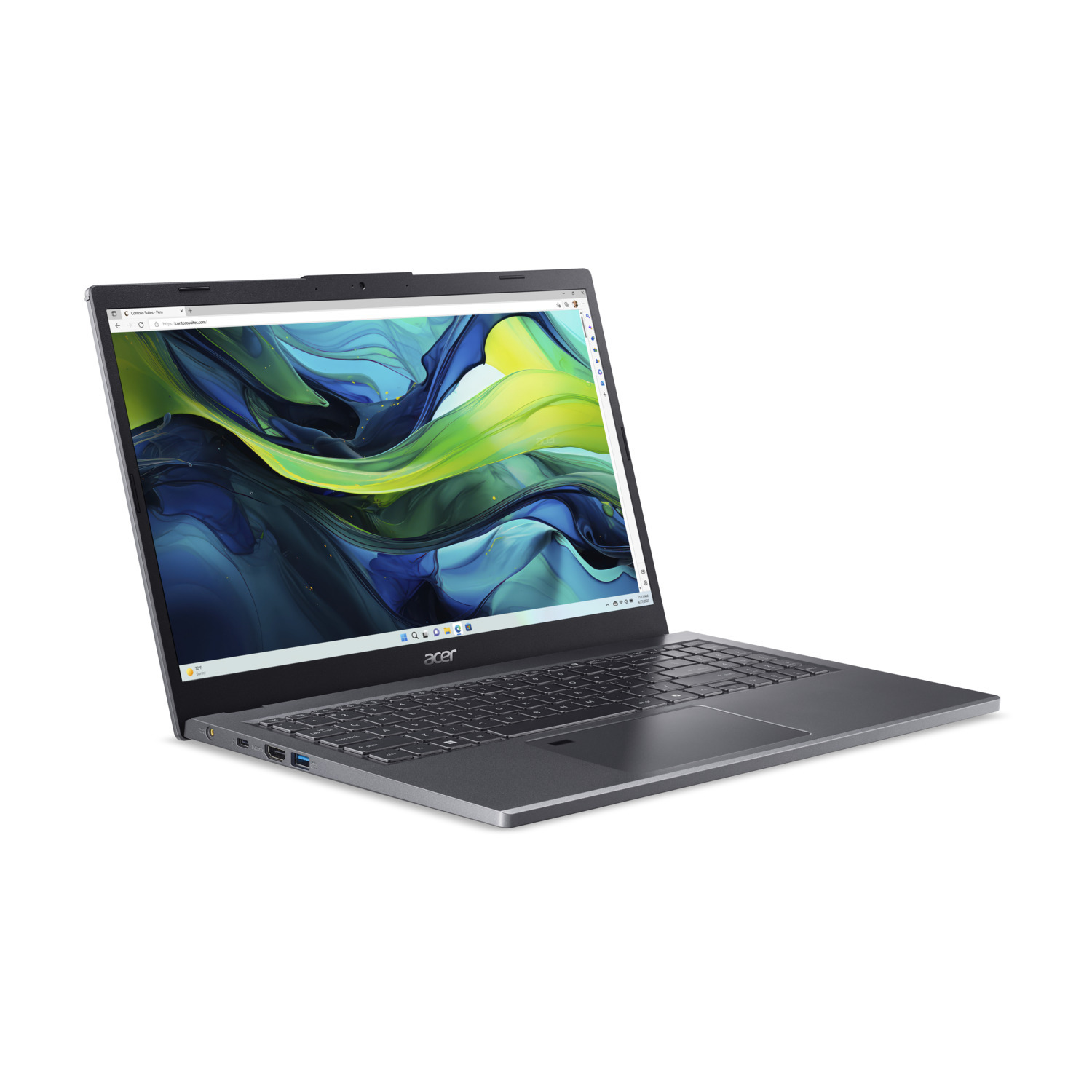 Laptop, open, with screen displaying a webpage. Acer logo. White background. View from angle.