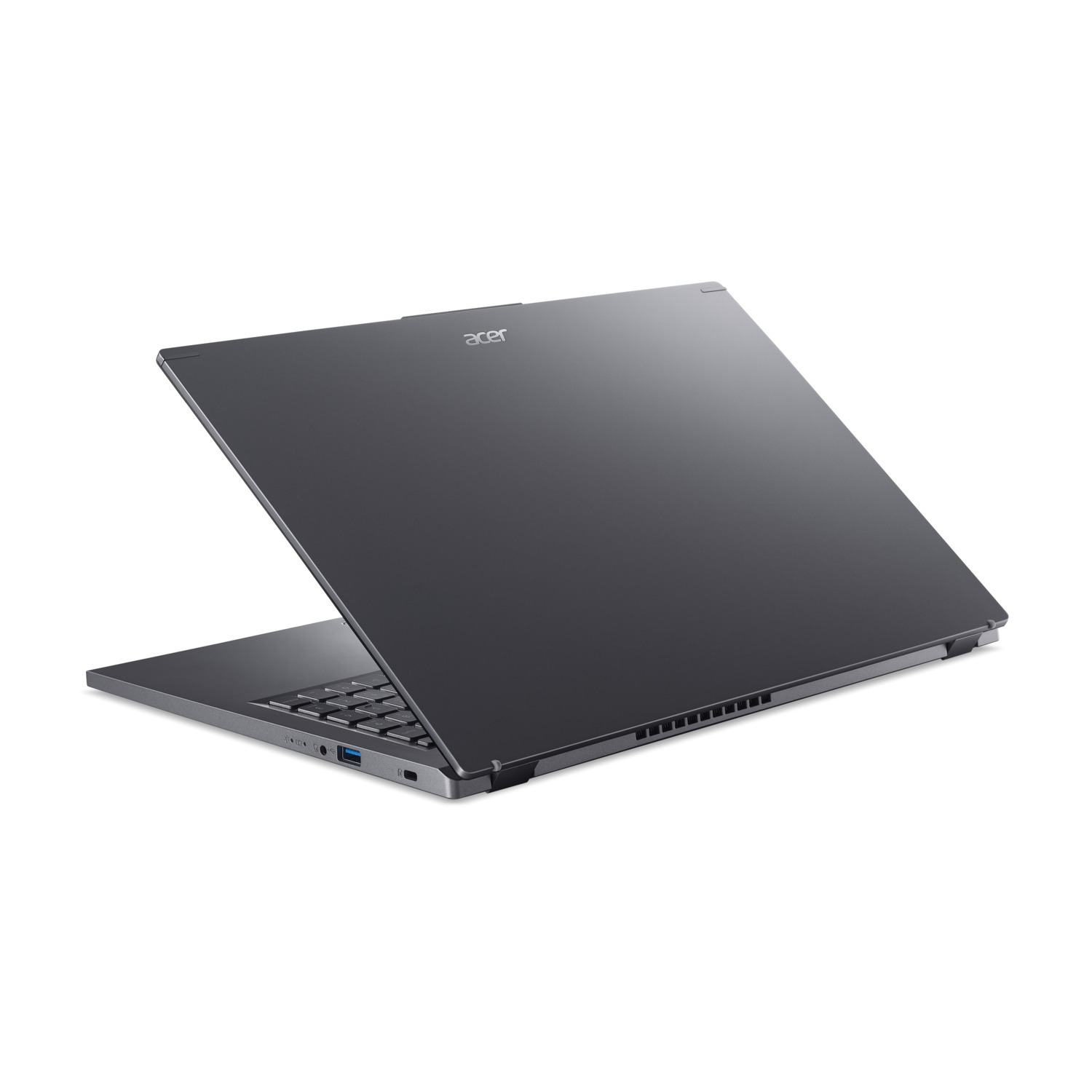 Dark grey Acer laptop open on white background, at angle, back view.