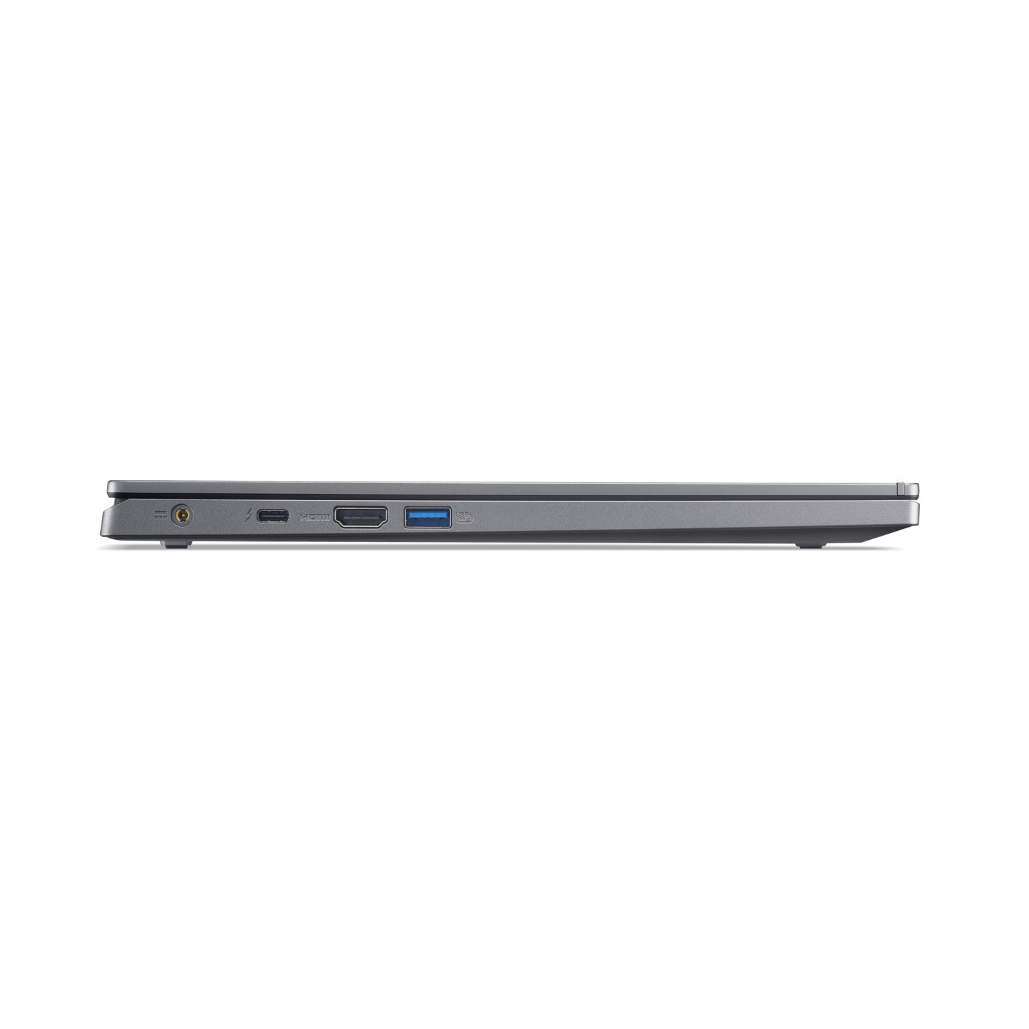 A side view of a gray laptop with various ports. HDMI, USB, and other inputs visible.