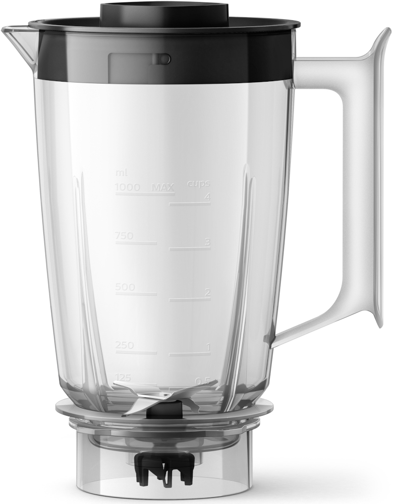 Transparante blenderkan met zwart deksel en handvat.