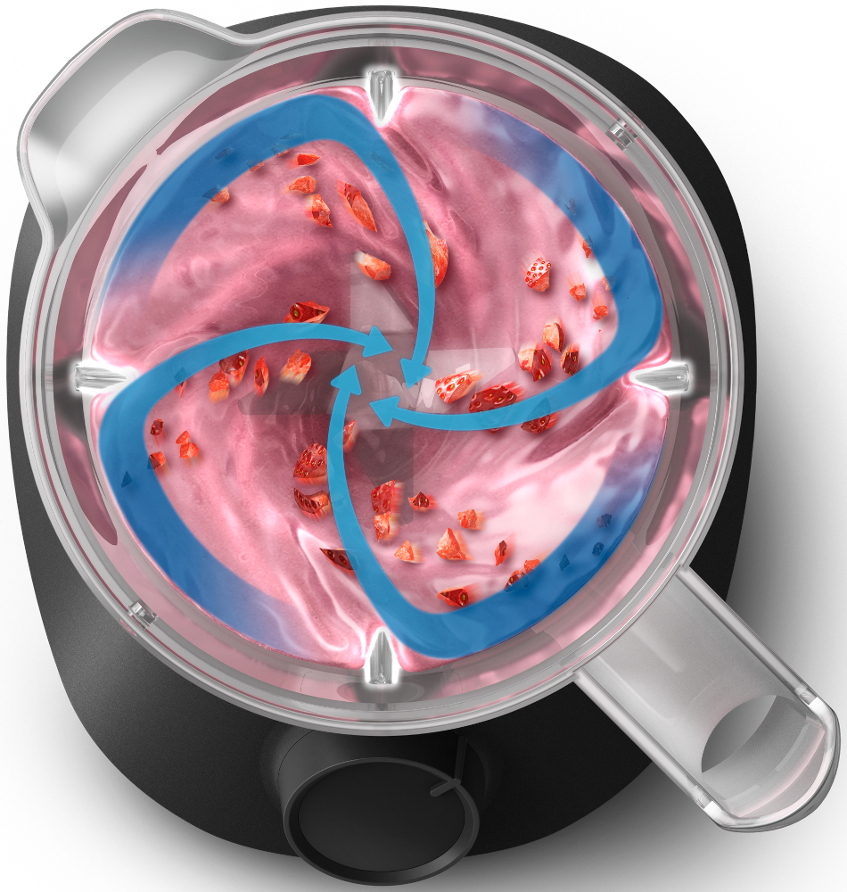 Blender met roze inhoud en blauwe mengpijlen.