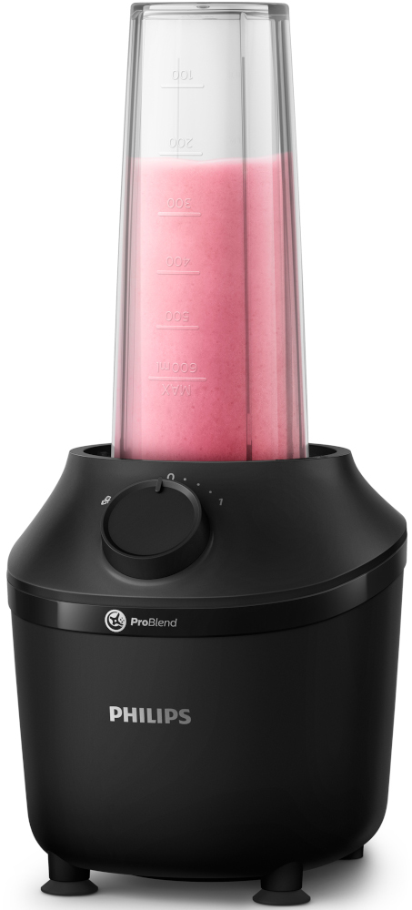 Een zwarte blender met een doorzichtige container gevuld met roze smoothie.
