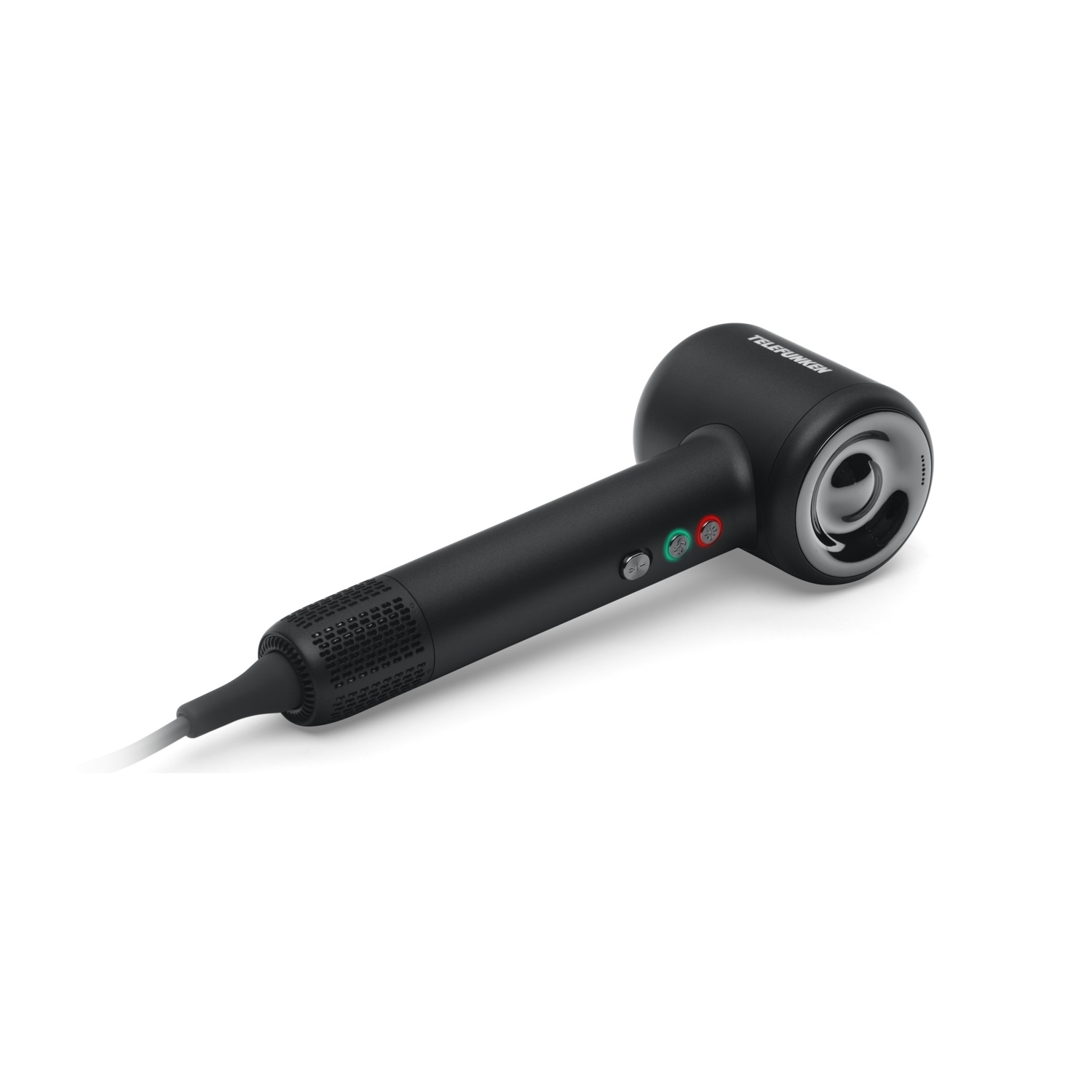 Un microfono nero con un design curvo, pulsanti e il marchio Telefunken, su sfondo bianco.
