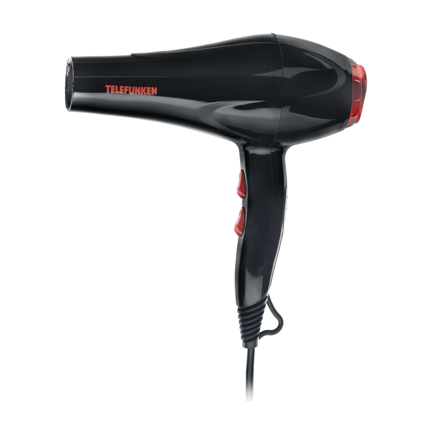 Asciugacapelli nero con dettagli rossi e marchio Telefunken.