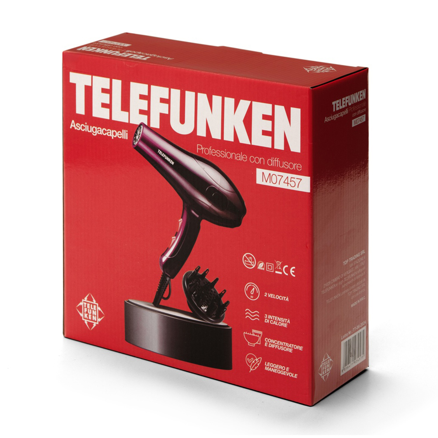 Scatola con asciugacapelli Telefunken nero e accessori, dettagli rossi.